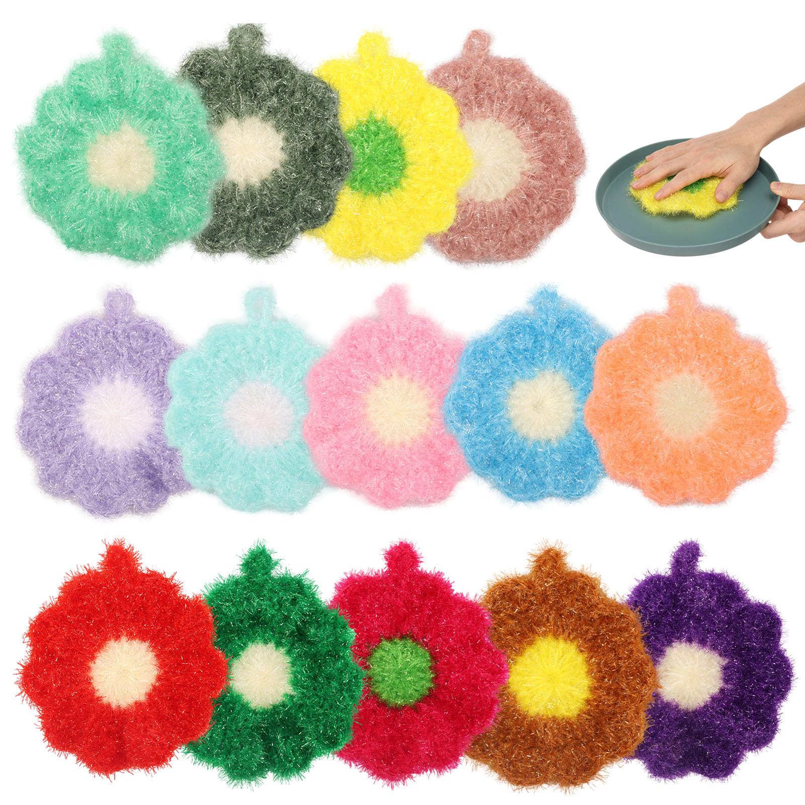 YUEKUNTJ 14Pcs Flower Shaped Dish Towels Set, Reusable Flower Dish Sponge, Multi-purpose Scouring Pads Non Scratch Cute Washing Dishcloths Kitchen Rag Pot Dishwashing Sponge for Cookware Tub Sink