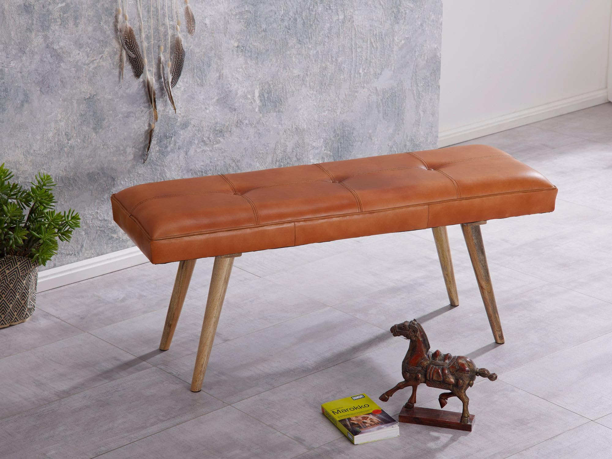 Banc en cuir massif bois 117x51x38 cm style rétro FineBuy