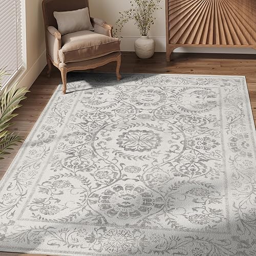 jinchan Area Rug 4x6 Floral Rug Washable Rug Vintage Rug Non Slip Accent Rug Indoor Retro Floor Cover Boho Soft Rug Carpet Kitchen Living Room Bedroom Dining Room Grey