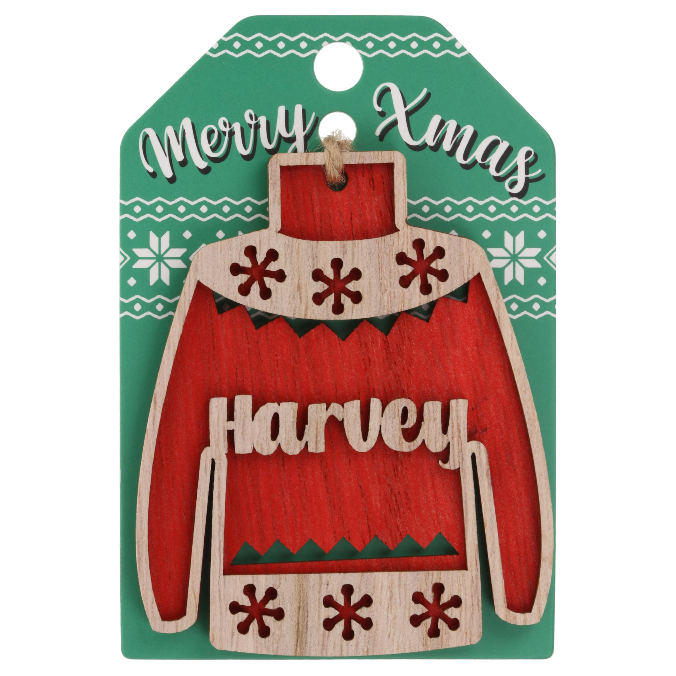 Harvey Name Christmas Jumper Wooden Tree Decoration Personalised Bauble Xmas Red
