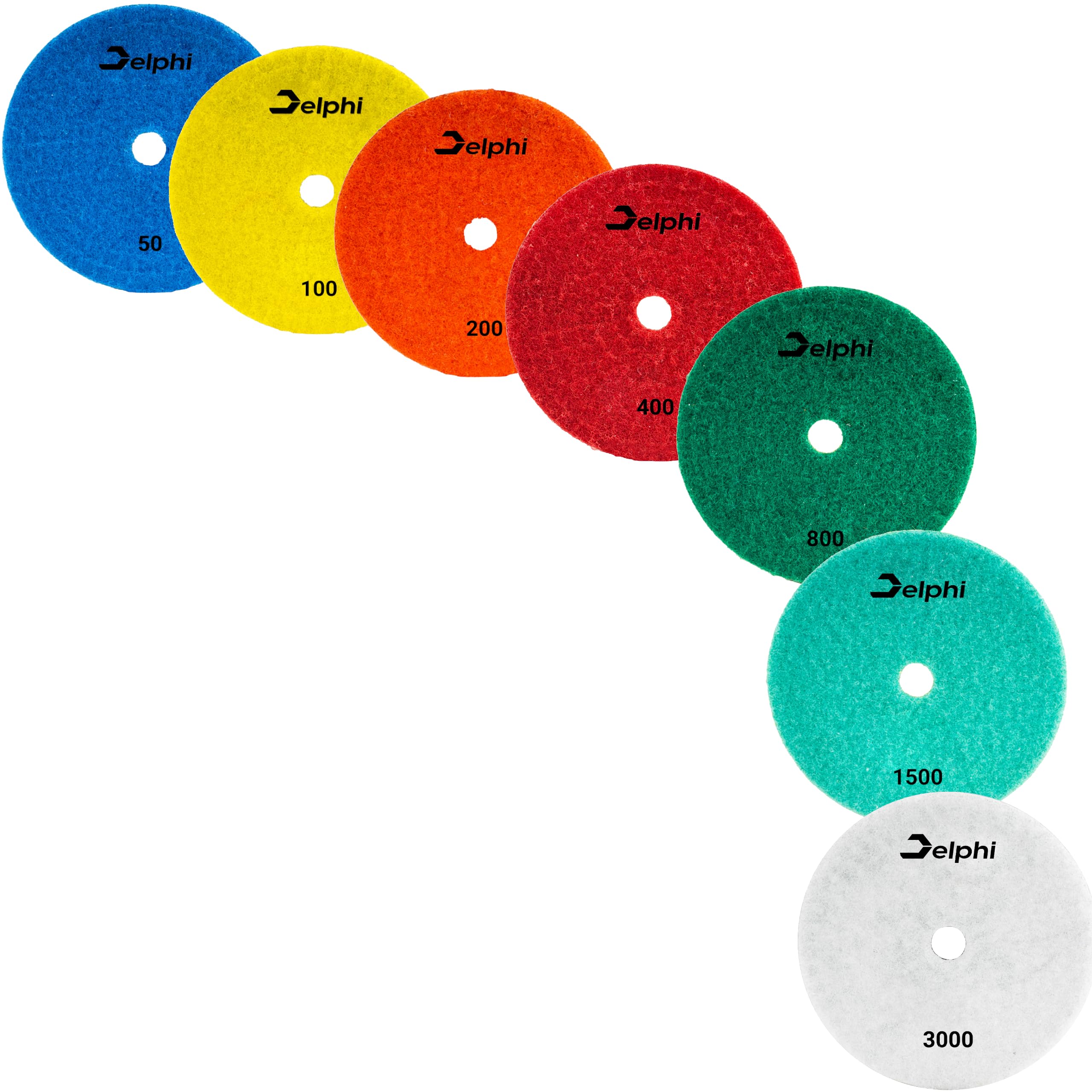 DELPHI Lot de 7 disques abrasifs diamantés humides de 100 mm pour le ponçage du grès cérame - Grain céramique 50-3000 - Avec tampon en laine M12 et gants de protection