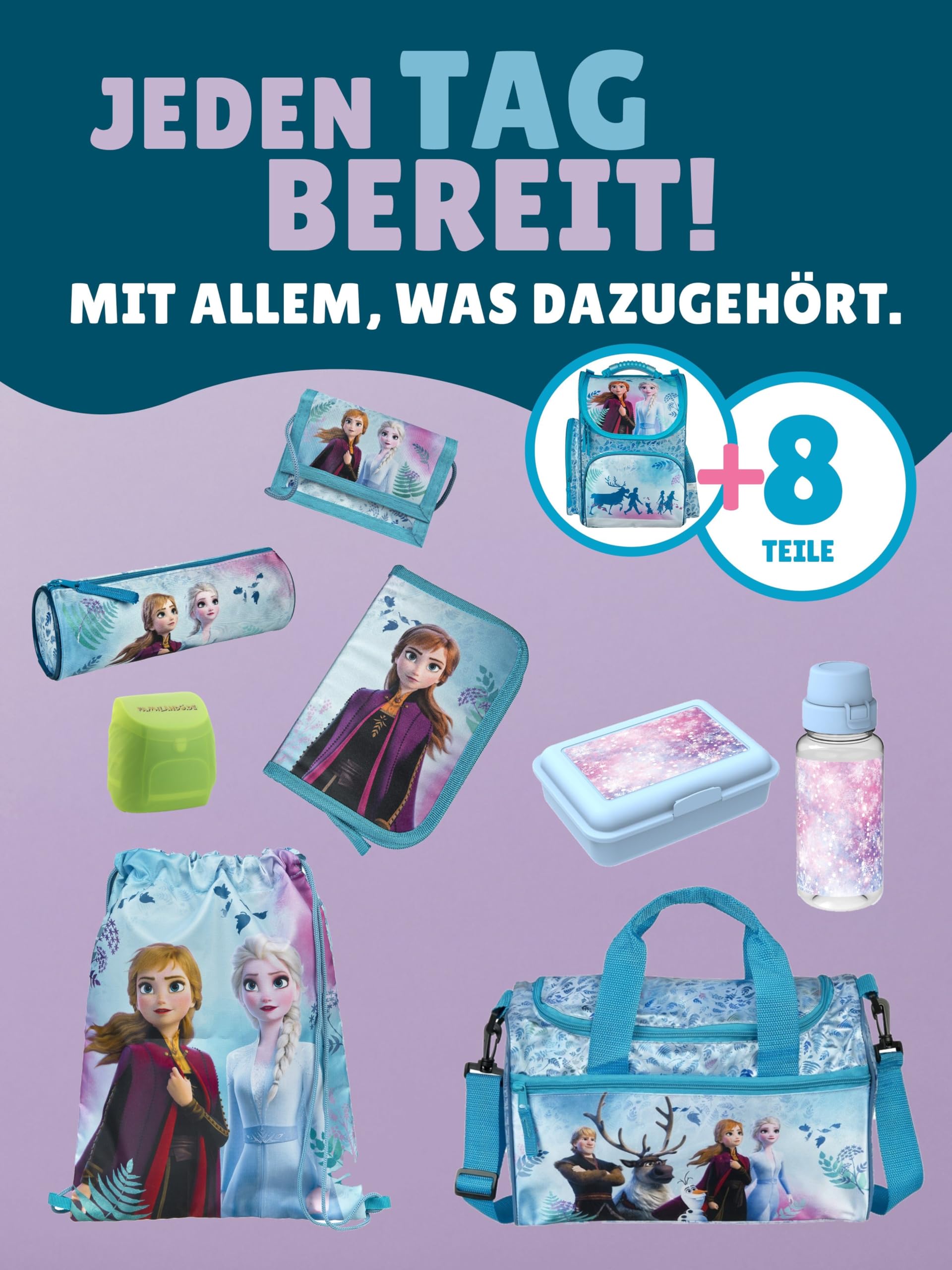 Familando - Schulranzen Set CLOU - 9-teilig mit Sporttasche - Disney Eiskönigin (Frozen) - Ergonomisch, Stabil & mit gepolstertem Rücken - 930g leicht - 15L Volumen - Mit Reflektoren - ab 1. Klasse