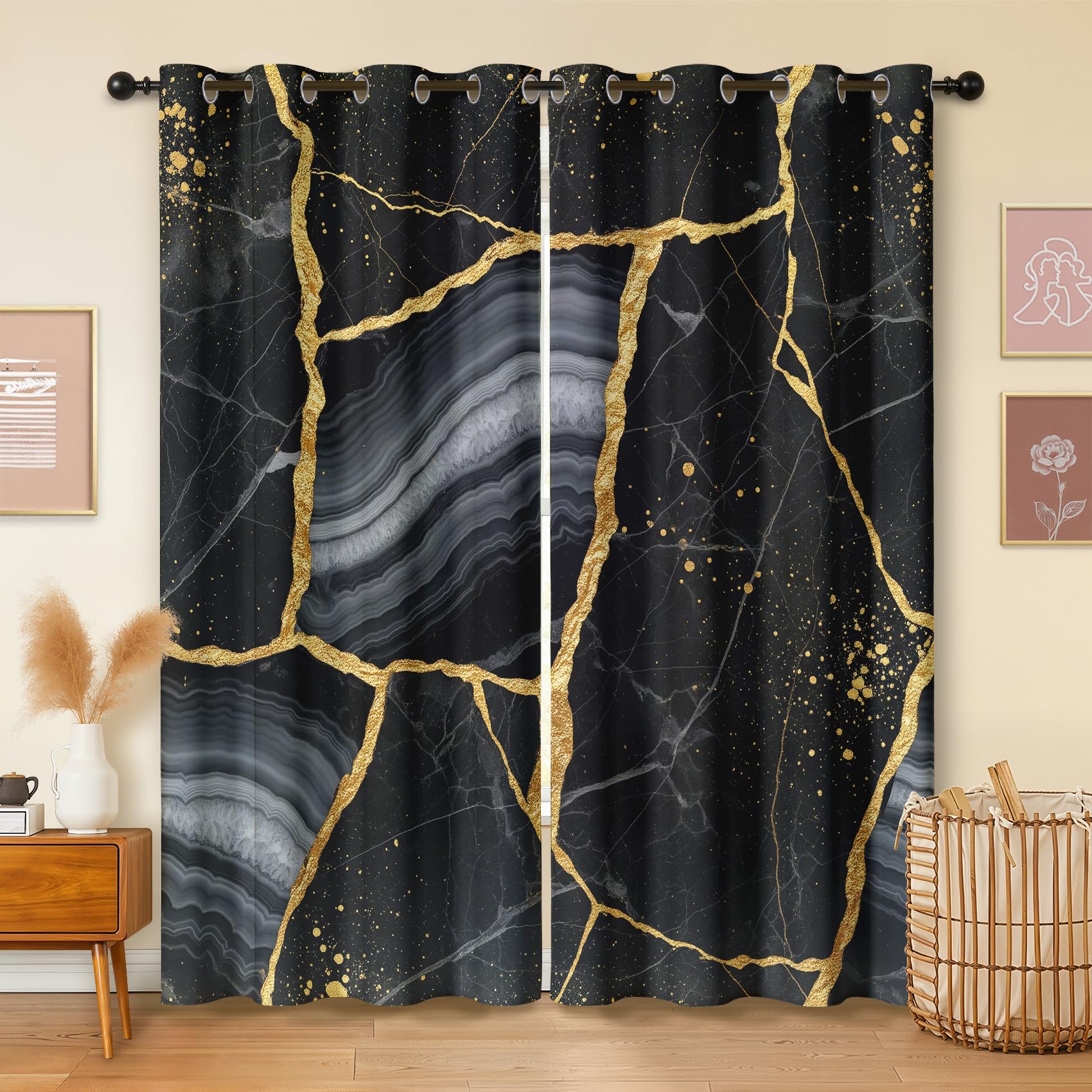 Havenix Luxury Black and Gold Blackout Curtains for Bedroom Living Room, Eyelet Curtains 183cm Drop, Thermal Insulated Drapes for Windows, Modern Marble Patterned Window Treatments, 2 Panels