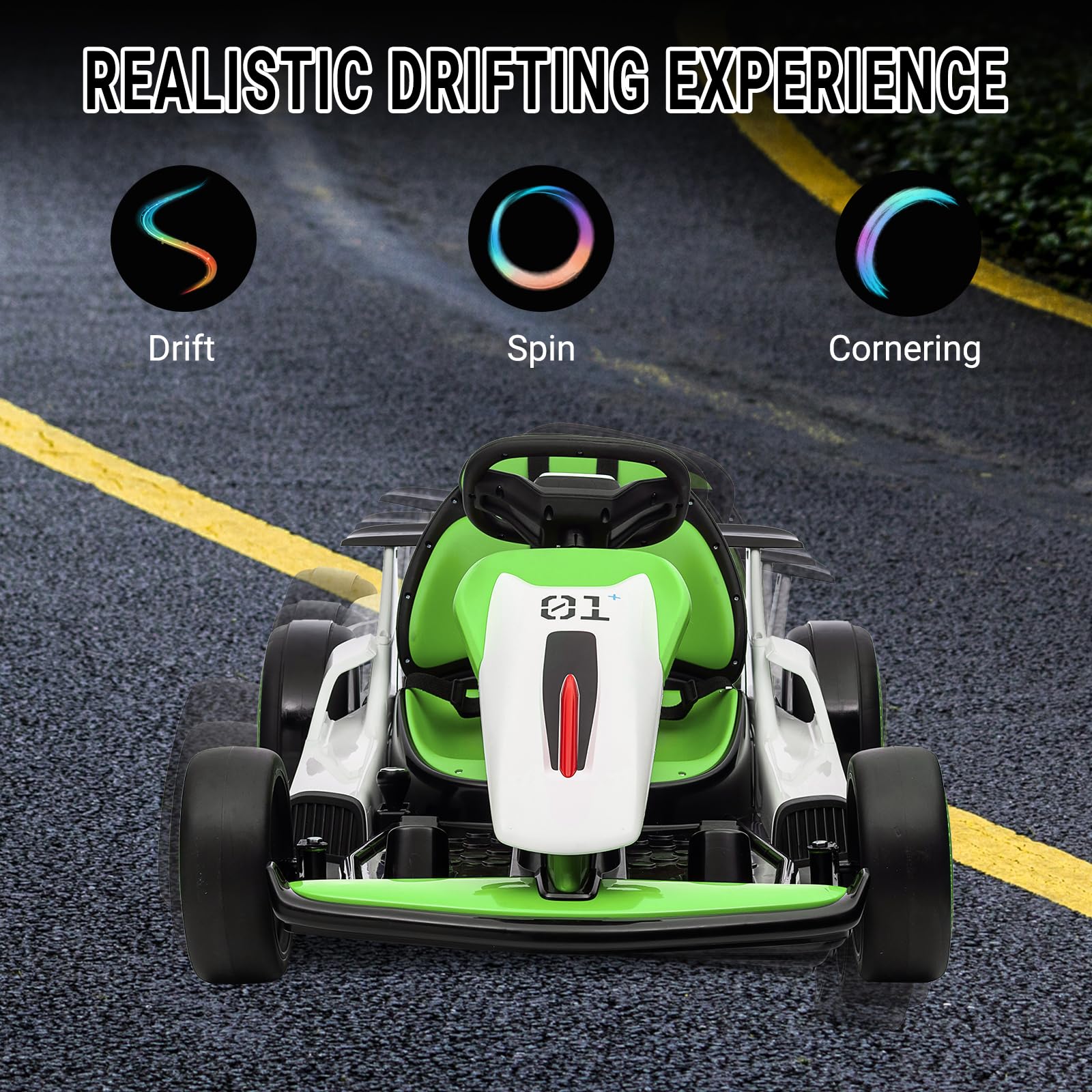 24V Electric Go Kart for Kids, Drift Cart with 2x200W Powerful Motors, 7AH Battery, Max 8MPH Drift Kart, Safety Belt, Slow Start, Music, High-Speed Crazy Cart Ride on for Kids Ages 6-12 - Green — view 5