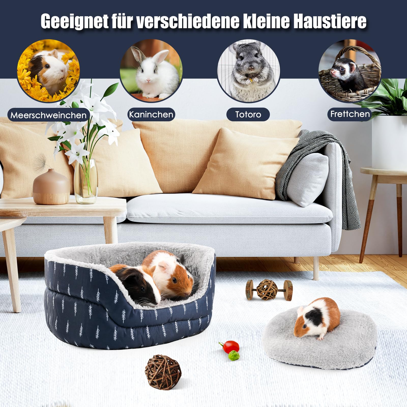 Meerschweinchen Bett, ovales kuschelhöhle, abnehmbare Unterlage, ideal Meerschweinchen Zubehoer für kleine Haustiere, Kuschelschalenform, dunkelblau, Blätter Muster - 5