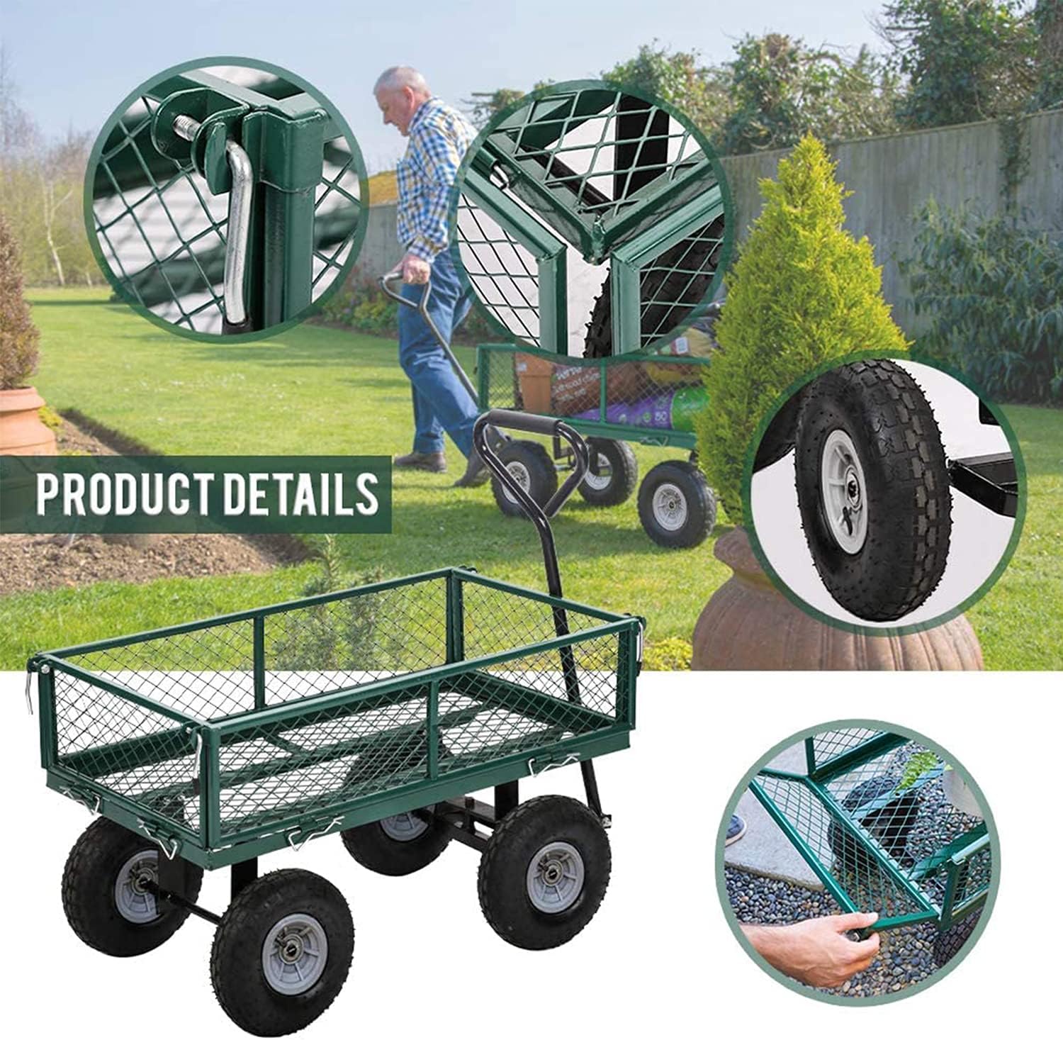 Garden Cart Wagons Heavy Duty Steel Utility Cart Dump Wagon Cart with 10" Pneumatic Tires and Removable Sides Outdoor Garden Carts and Wagons (Green) : Patio, Lawn & Garden