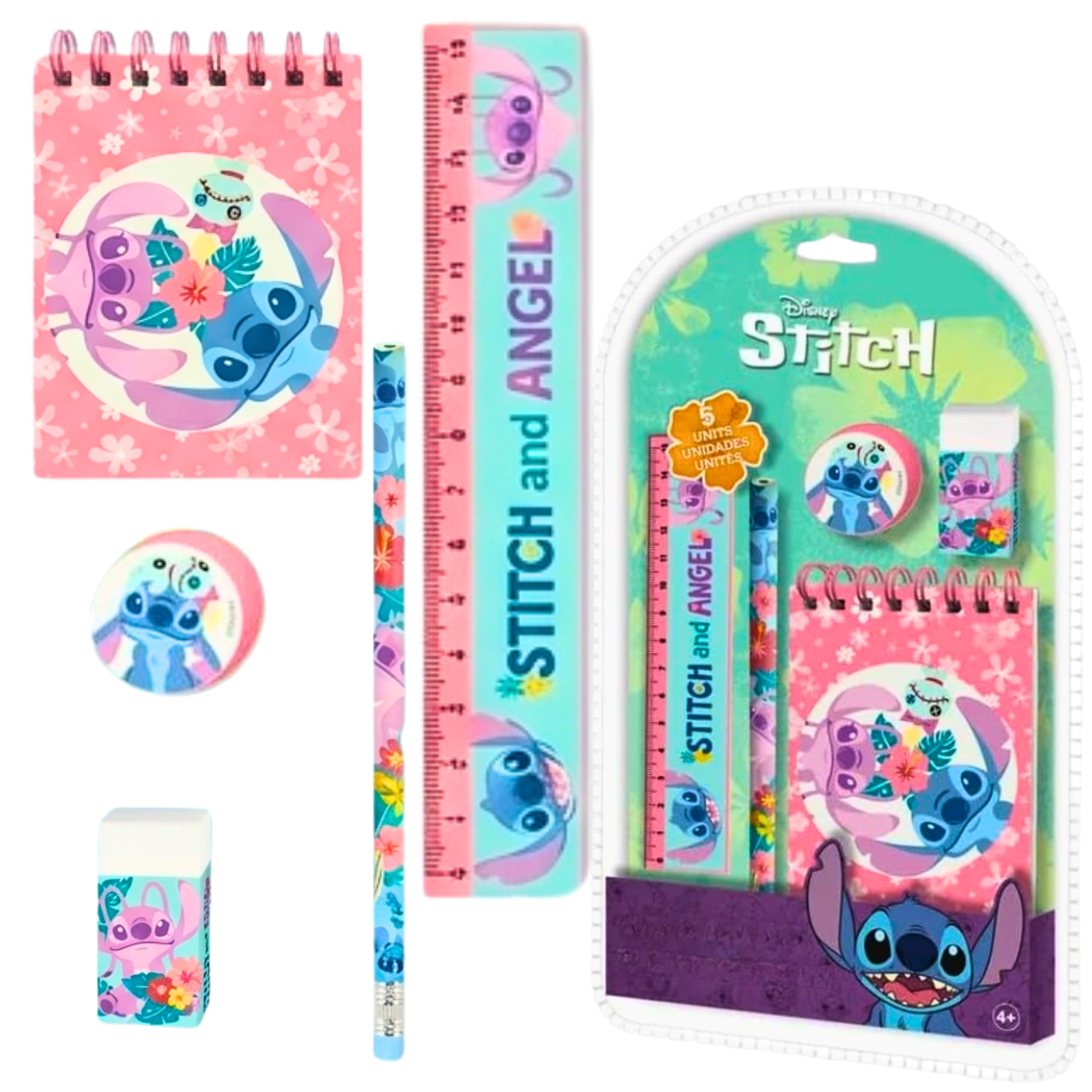 Disney Stitch Stationery Gift Set - School and Art Projects Accessory Includes A5 Notebook, Pencil, 15cm Ruler, Eraser and Sharpener Gift Set for Boys and Girls 3+Years