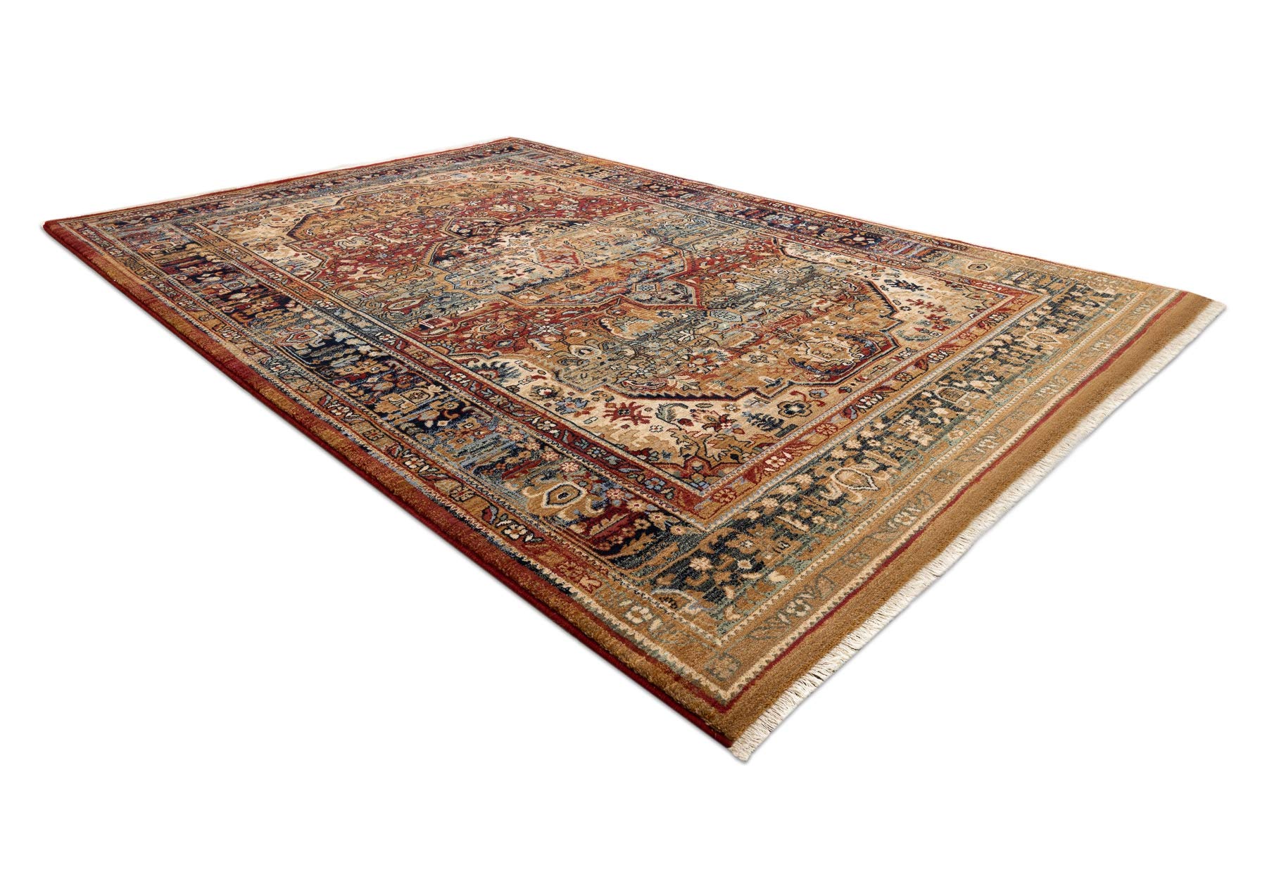 Dywan wełniany KESHAN frędzle, orientalny klasyczny, tradycyjny dywan do sypialni, salonu, wysoka jakość beżowy/ciemnoniebieski 80 x 145 cm