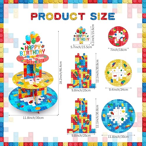 Miniatura 8 de Soporte para cupcakes de 3 niveles para fiesta de cumpleaños, bloques de construcción, suministros de fiesta, soporte de cartón para cupcakes, torre