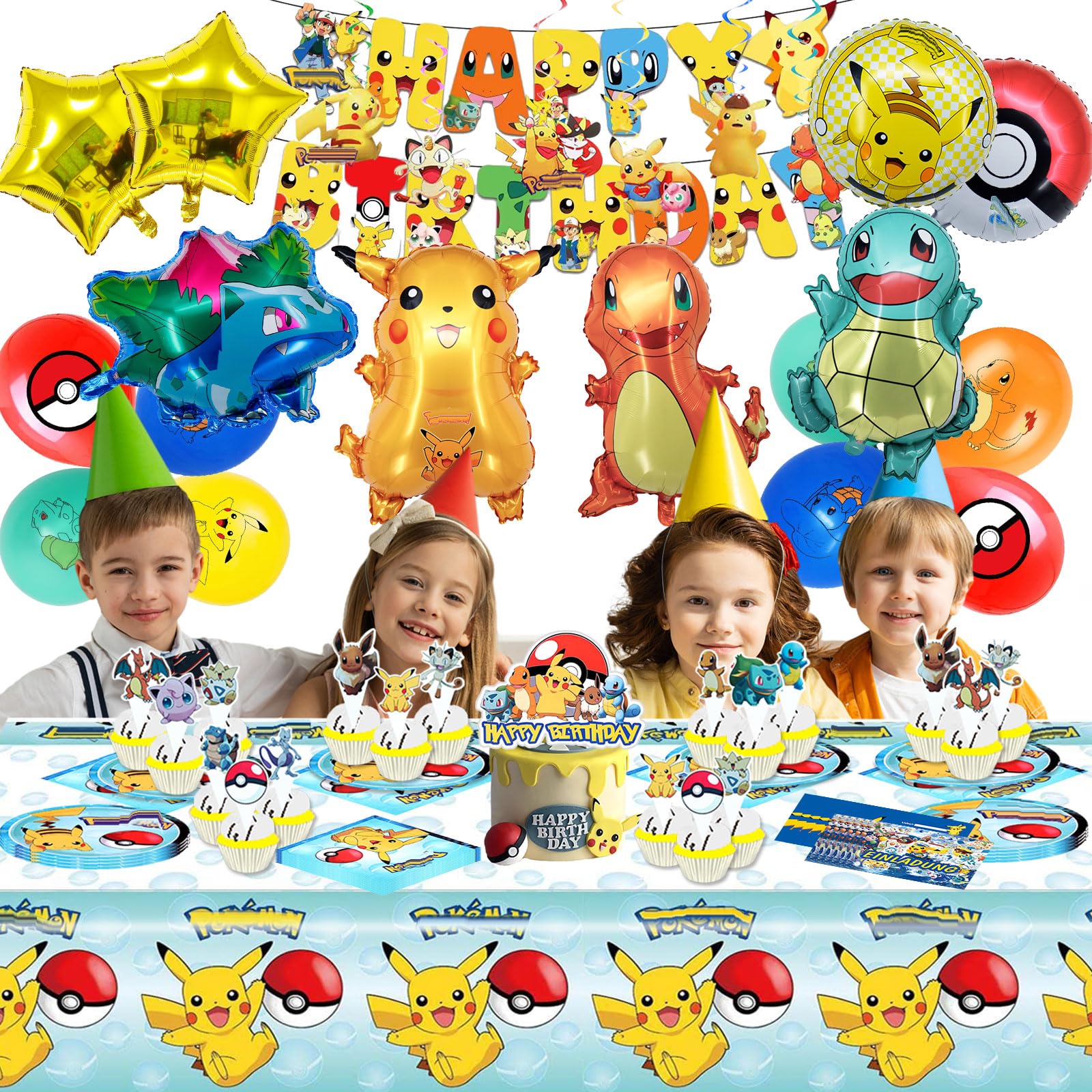100 Service de vaisselle pour fête d'anniversaire d'enfants, Inclure bannière, Nappe, Tatouages ​​temporaires, Ballons, Assiette carton, Serviette papier, Carte d'invitation, Décoration de gâteaux