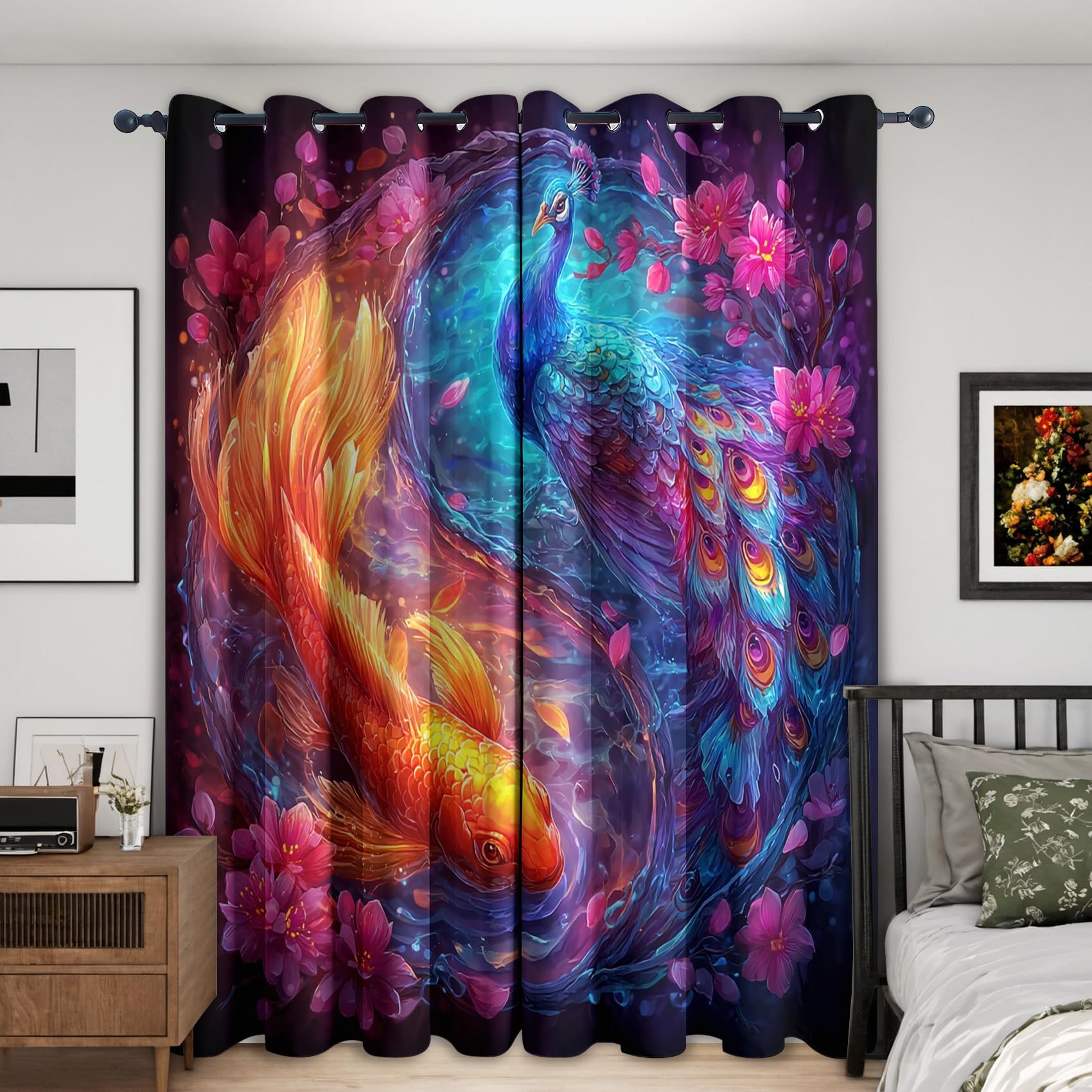 Peacock Blackout Curtains Bedroom 46 x 54, Japanese Fish Floral Curtains for Home Decor, Living Room, Thermal Eyelet Patterned Window Drapes, 54 Inch Drop 2 Panels HD86 โ image 1