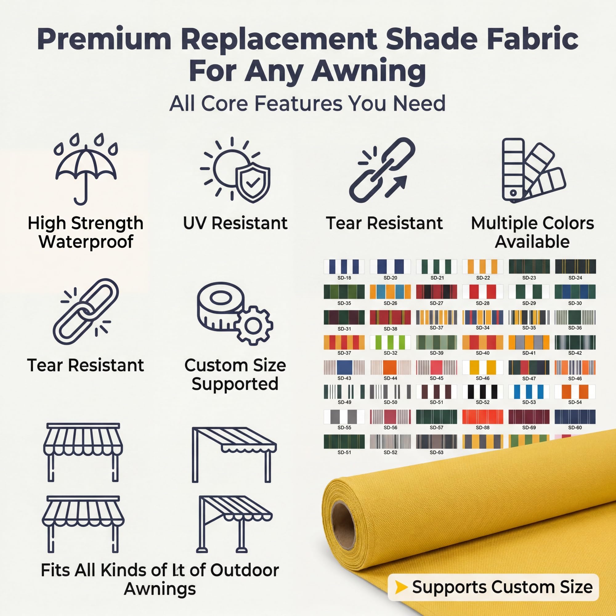 Toile Store Banne, 240x270 Toile De Remplacement Store Banne | Acrylic/PVC waterproof replacement fabric, custom sizes available, suitable for gardens.(C,13x4.9ft(3.9x1.5m))