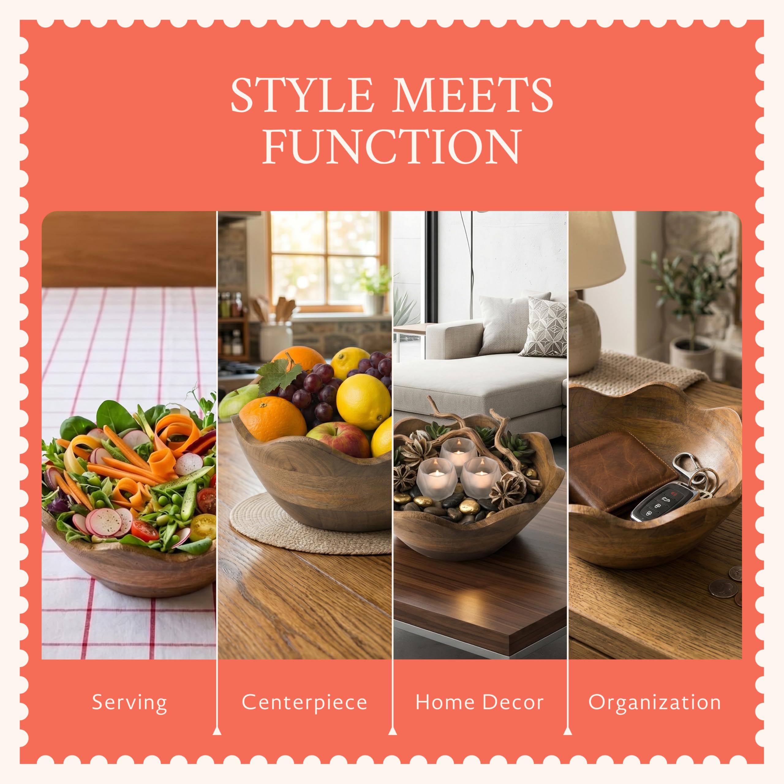 Mela Artisans Cuenco festoneado de madera, mediano, estilo decorativo con volantes, decoración rústica de cocina, madera de mango, acabado de grano natural, se adapta a pan, frutas, ensalada o