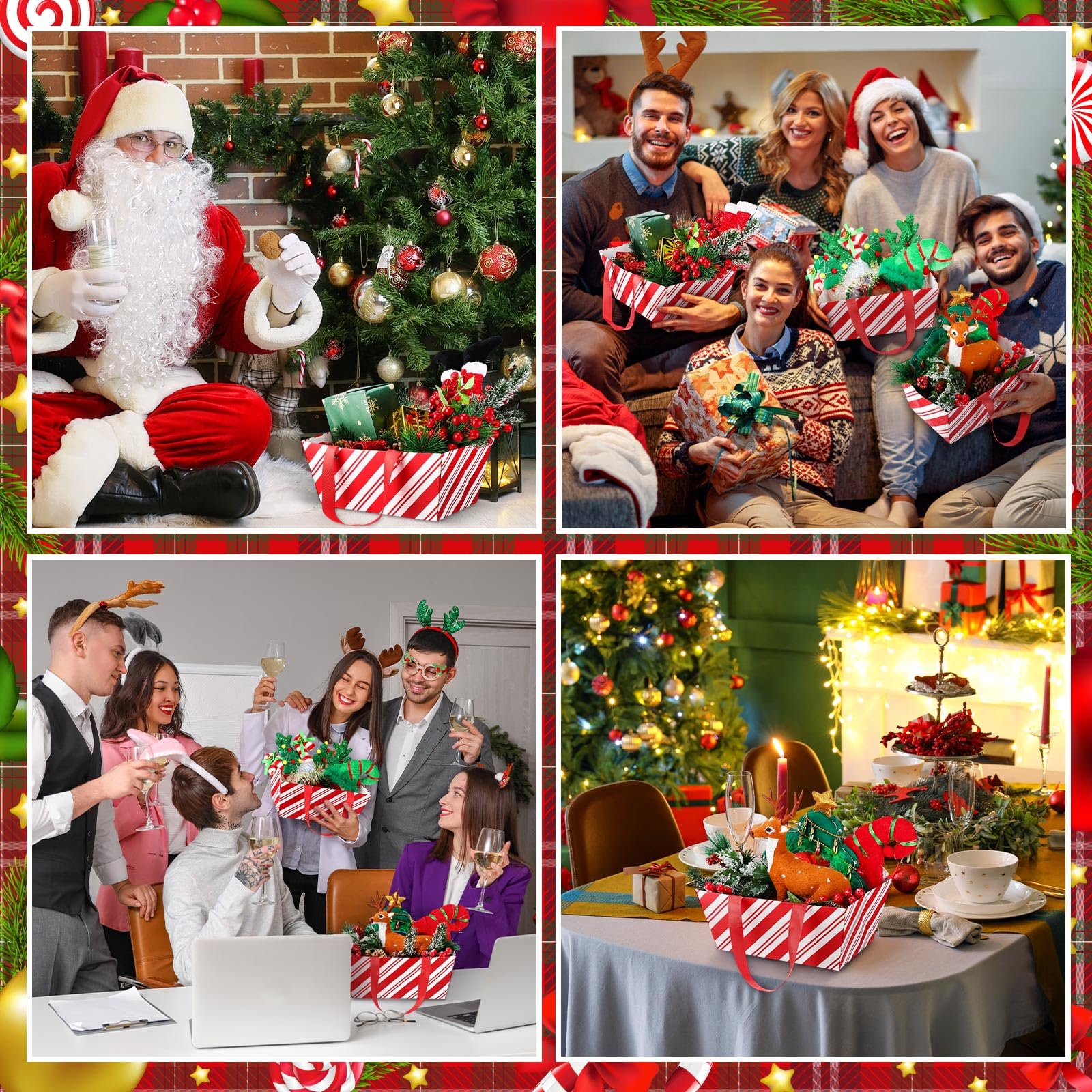 Pinkunn 48 cestas de Navidad vacías a granel con diseño de bastón de caramelo rojo y blanco con asa, bandeja de mercado para envolver regalos, exhibición de regalos de vacaciones (9.8 x 6.5 x 4.3