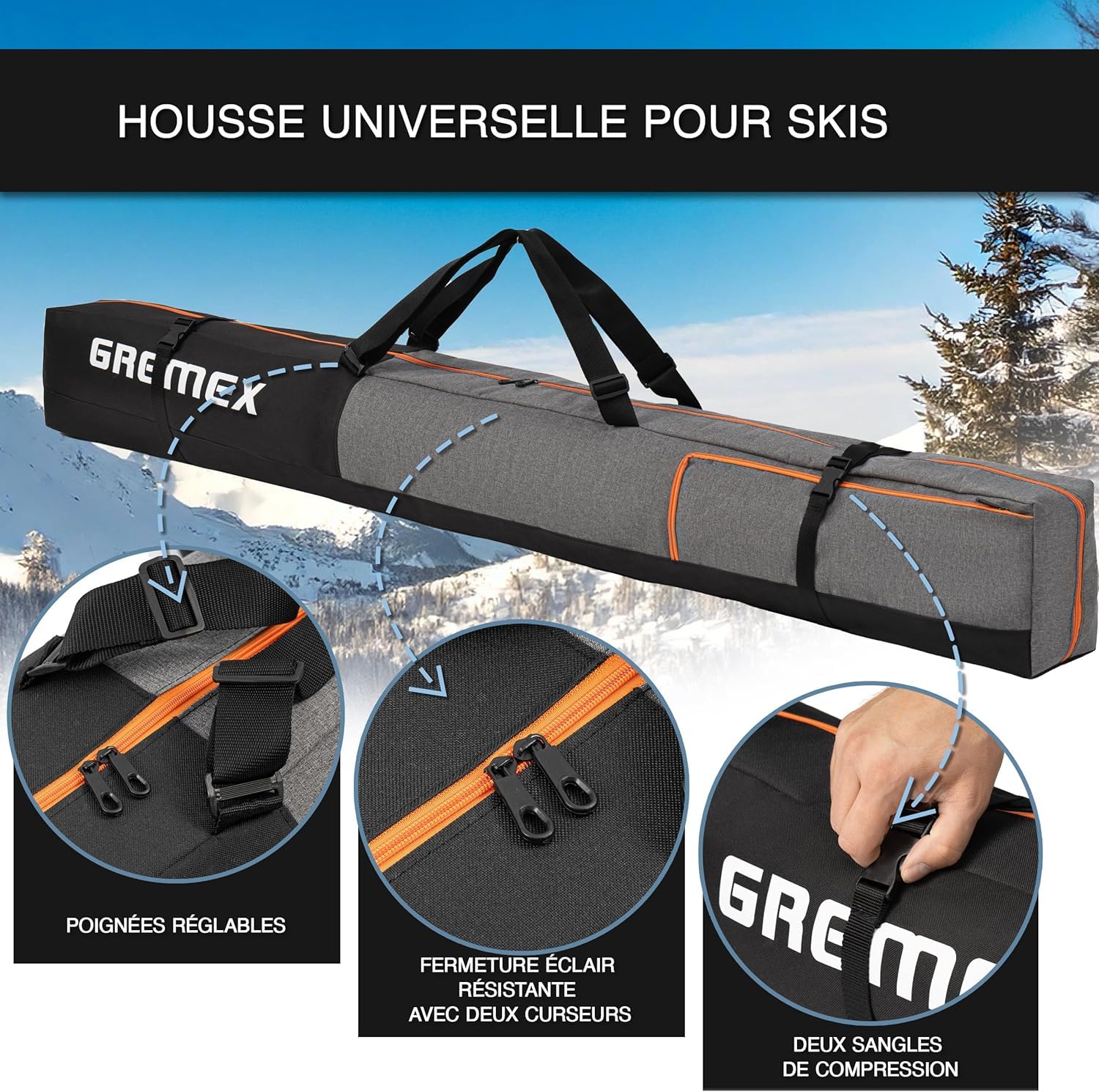 Housse de Ski imperméable pour 1 Paire de Skis - Sac de Ski Alpin Compact et Léger
