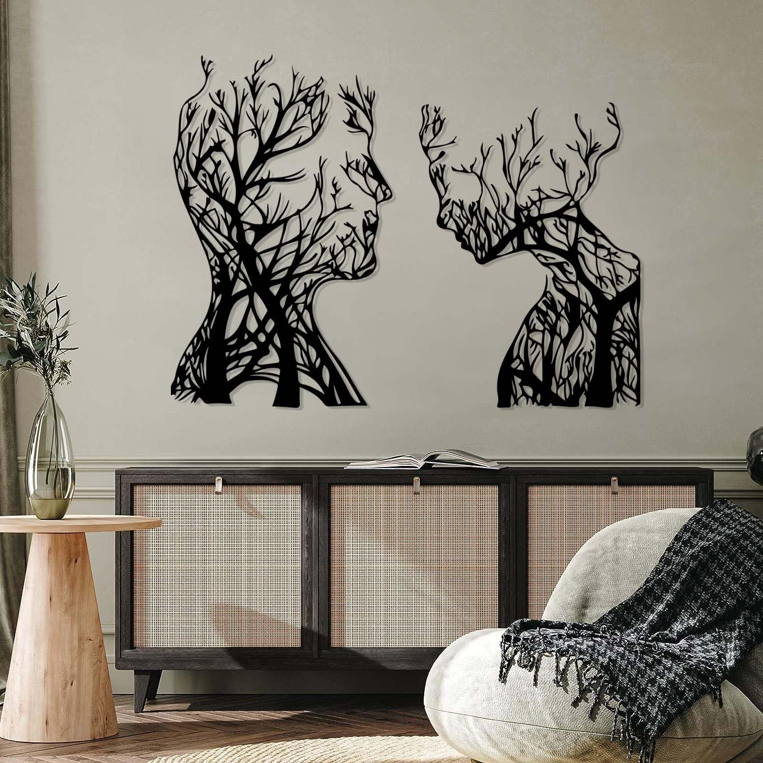 Abstract Face Metal Tree Wall Art, Decorative Branches, Tree Branch Art, Woman & Man Metal Wall Decor, Abstract Artwork, Modern Decorations, Living
