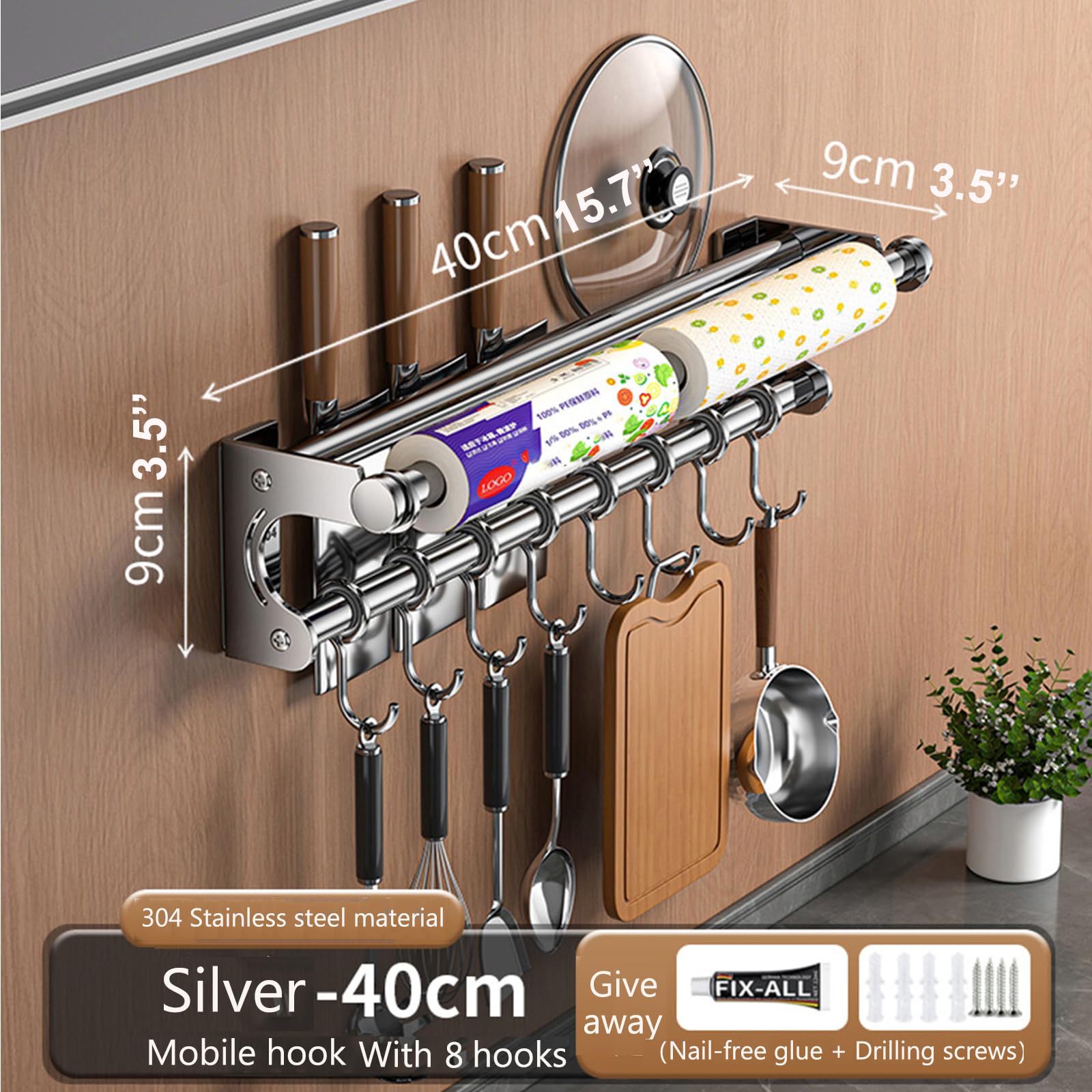 VaNaeni Silver 40CM+8Hook Modern Kitchen Utensil Hanger, Space-Saving Wall Mount Knife Wall Mount, Kitchen Storage Shelf with Hooks, Easy to Clean