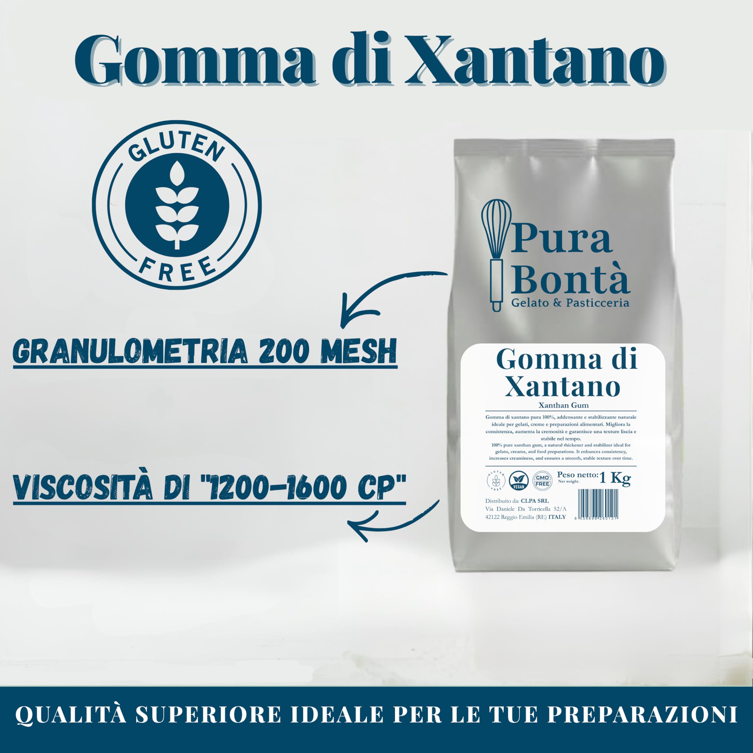 PURA BONTÀ Gomma di Xantano in Polvere Senza Glutine 1 Kg | Addensante e Stabilizzante Alimentare 100% Naturale | Pane e Pizza 100% Senza Glutine | Alta Viscosità, Zero Grumi | Confezionato in Italia