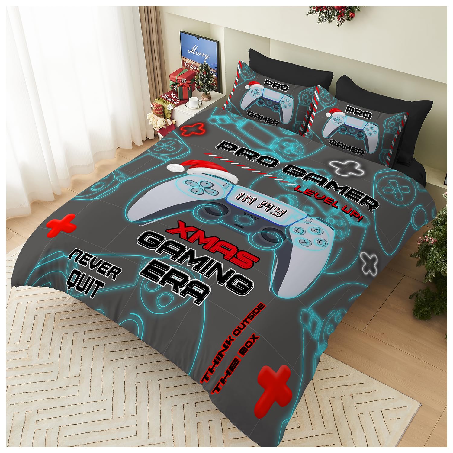 GC GAVENO CAVAILIA Christmas Duvet Cover Single - Soft Xmas Bedding & Quilt Cover with Pillowcase - Pro Gamer Pattern Single Bed Duvet Set - Breathable Comforter Cover (135x200 cm) - Washable