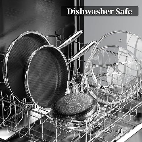 Miniatura 8 de Sartén de acero inoxidable con tapa, juego de sartenes antiadherentes de acero inoxidable de cerámica de titanio, 10 y 12 pulgadas, seguro para