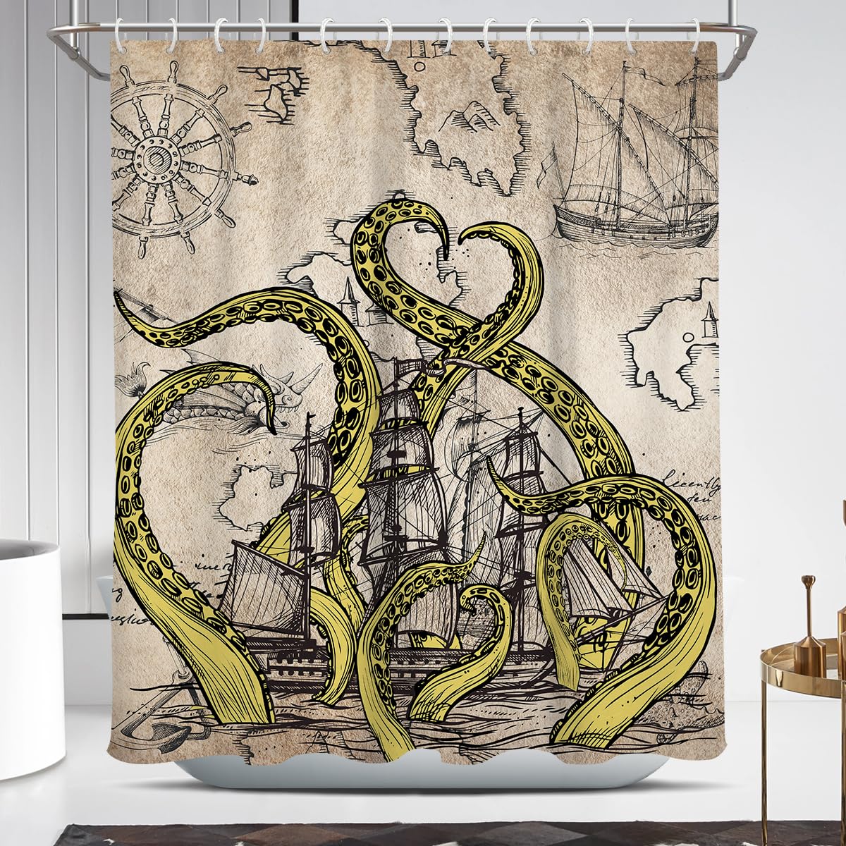 Coxila Vintage Octopus Shower Curtain Retro Nautical Coastal Ocean Gothic Beach Goth Kraken Sea Ship Cool Funny Fun Mens Map Pirate Horror Yellow
