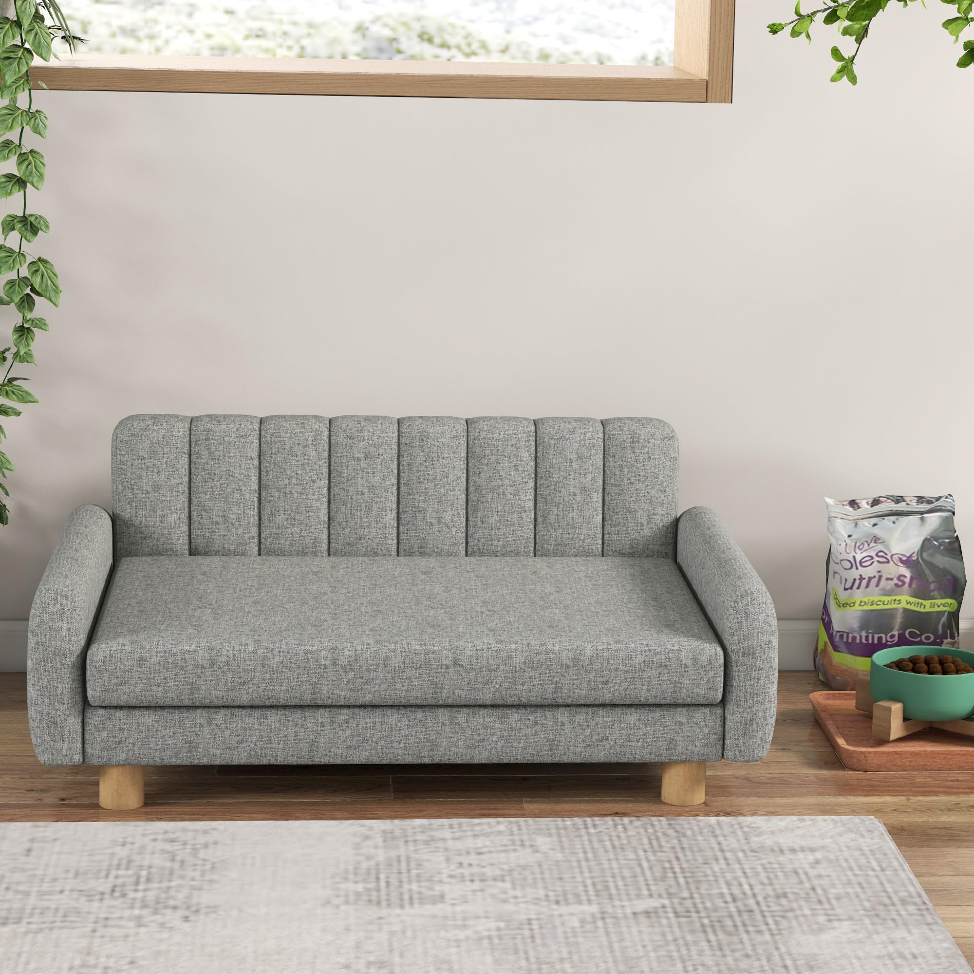 PawHut Hundesofa Haustiersofa Hundecouch Hundebett mit weichem Kissen, Erhöhter Hundesessel für mittelgroße Hunde, Leinenimitat, Grau, 94 x 61 x 40 cm