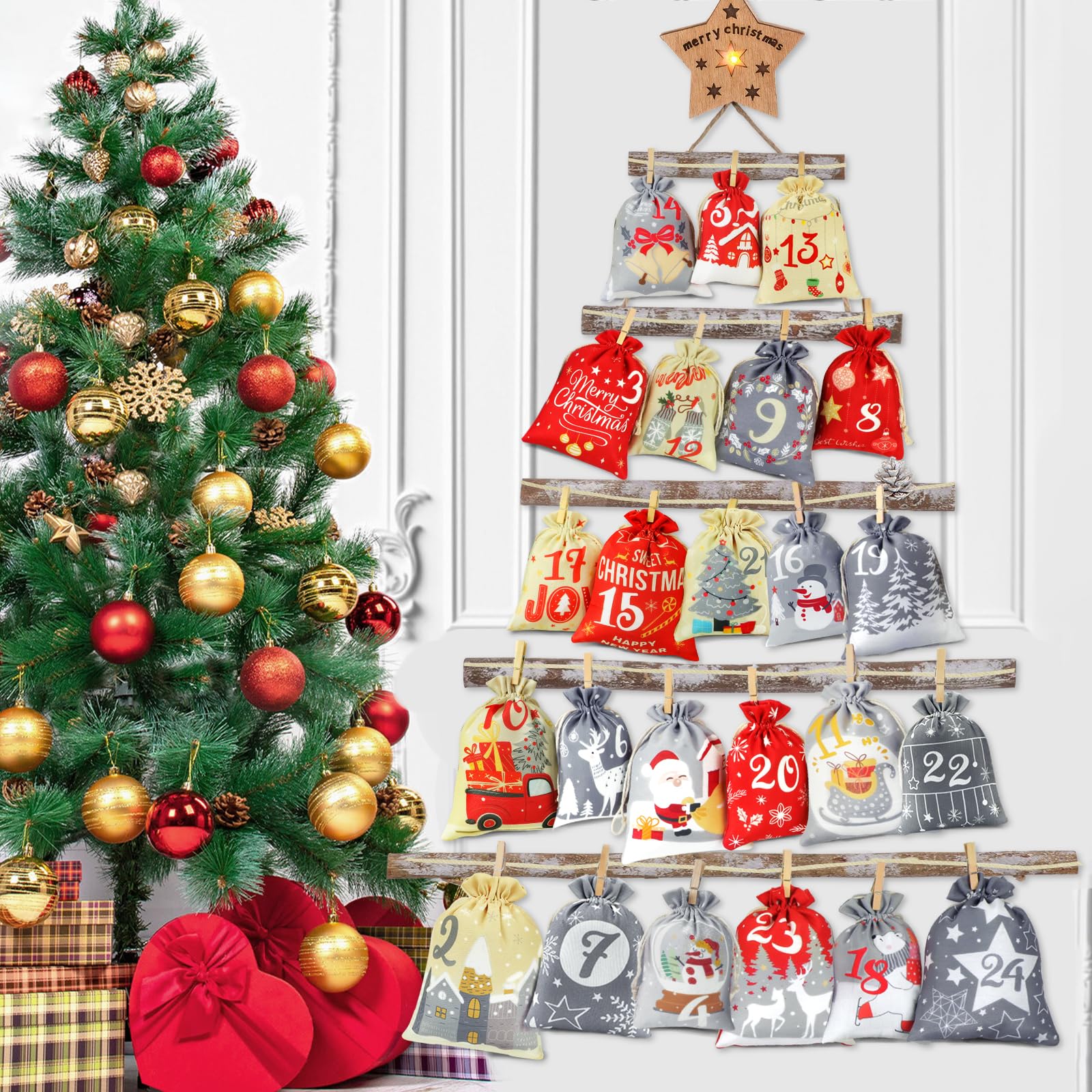 Calendario Avvento Fai da Te, Sacchetti Calendario Avvento Bambini, Kit Calendario Dell Avvento Fai da Te, Grande Calendario Avvento 2026 Fai da Te da Riempire Stoffa, Sacchetti Avvento Natale