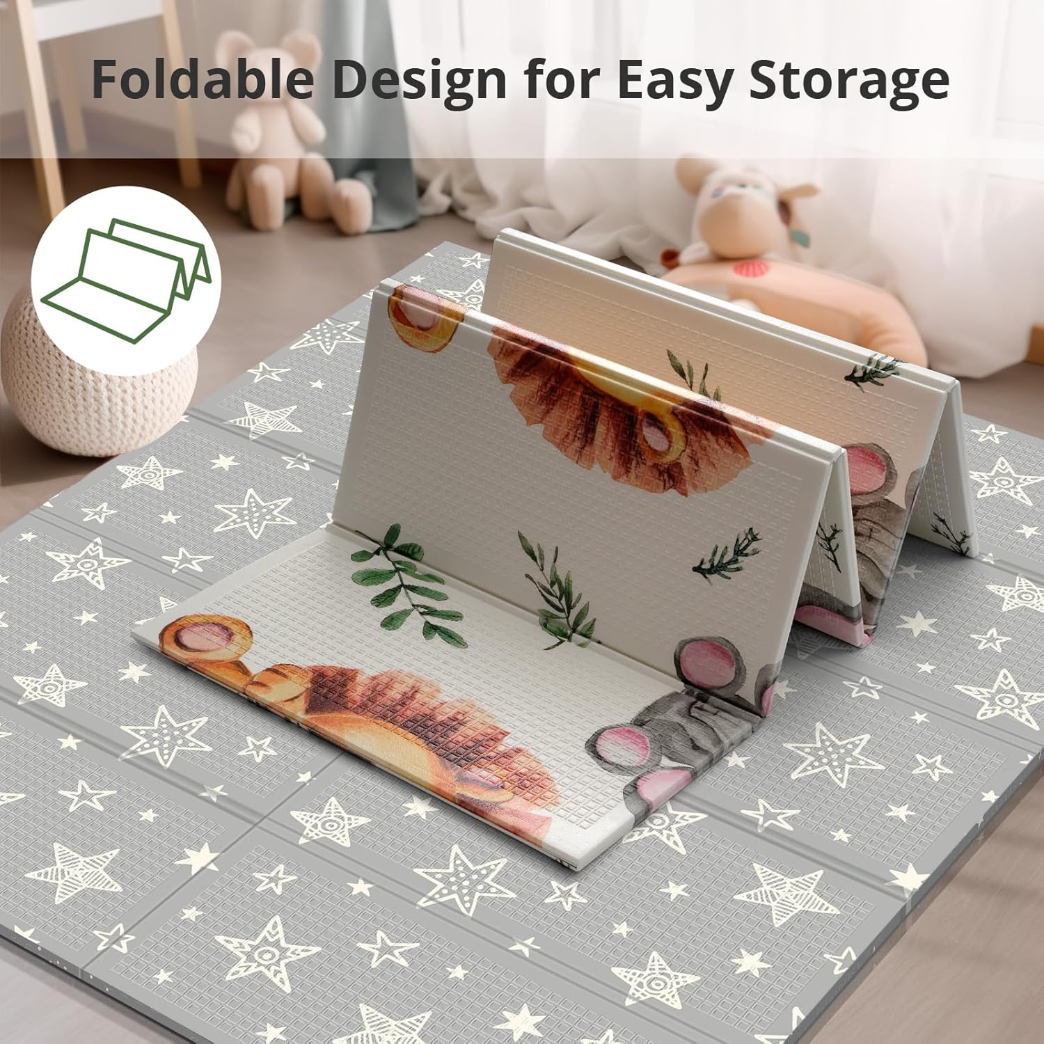 71x59 Baby Play Mat for Floor, Foldable and Foam Babies Activity Tummy Time Playmat, Waterproof & Anti-Slip Crawling Mats, Kids Non Toxic Foam Thick Play Mat for Baby, Toddlers,Lion,71x59