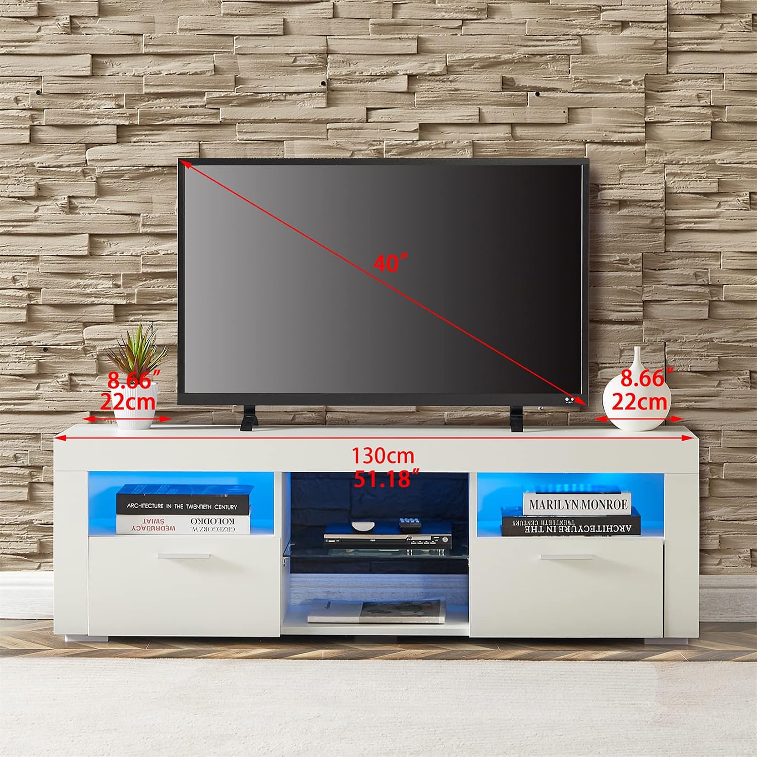 TV Stand with LED Light High Gloss Entertainment Center Modern Media Console Cabinet with Storage Wood TV Console Table for 55 inch TV, White