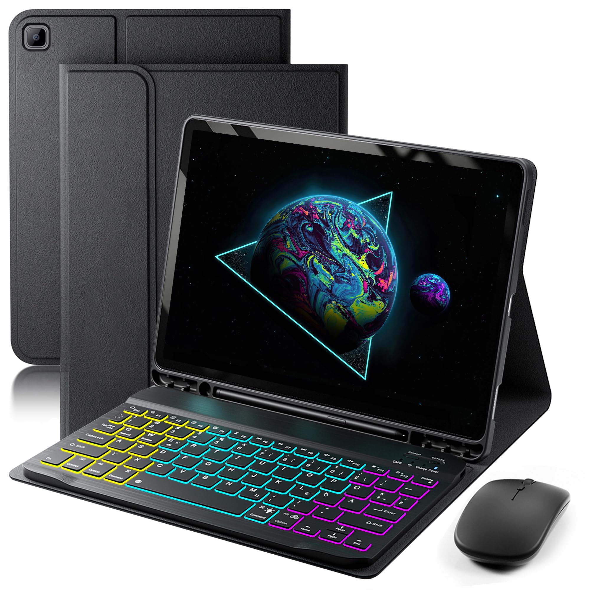 für Samsung Galaxy Tab A7 (2022/2020) 10.4 Zoll Hülle mit Kabelloses Bluetooth Beleuchtete Farbige Deutsch Tastatur (QWERTZ) und Maus, Backlit Keyboard Case