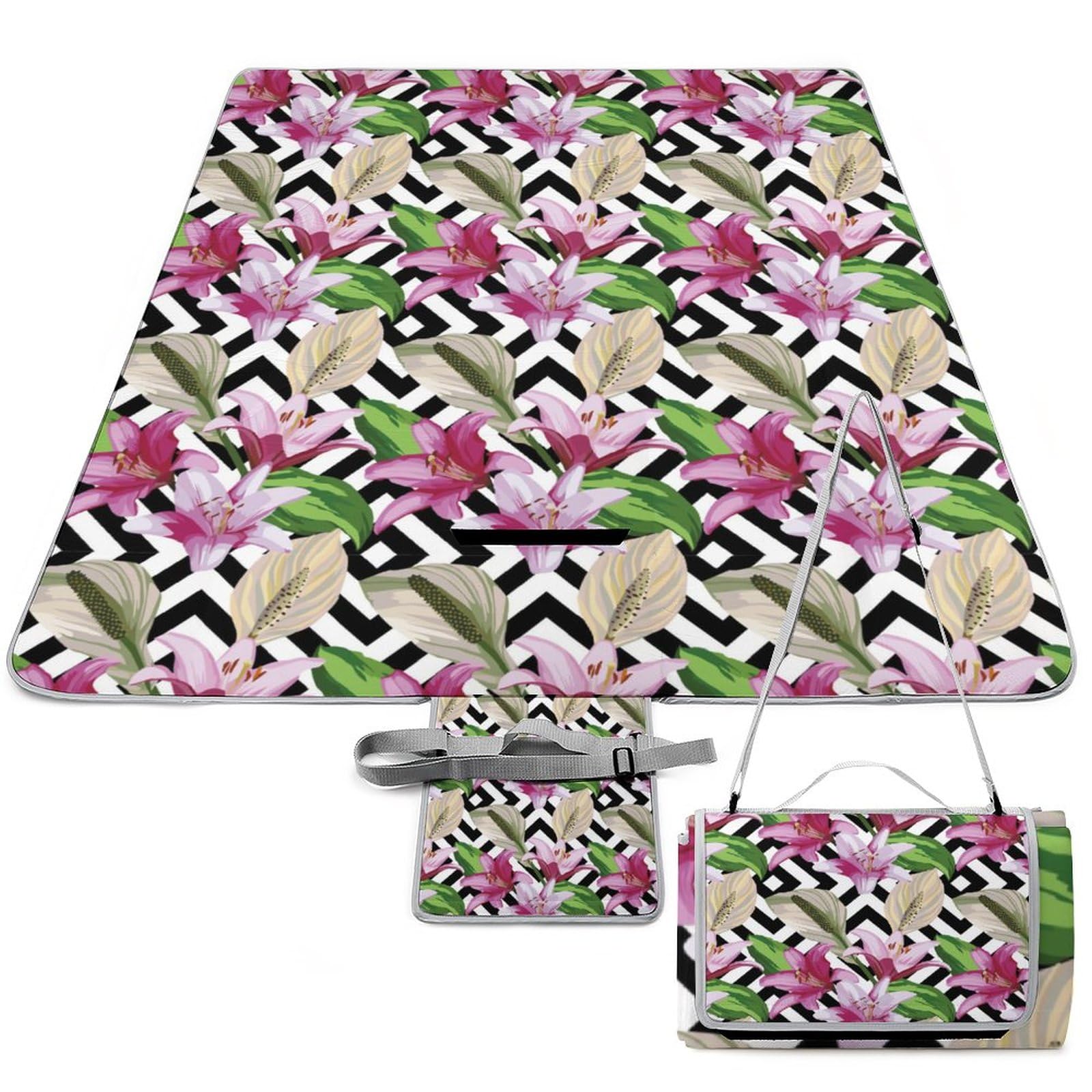 Flower-Texture Picnic Blanket Waterproof Foldable, Large Outdoor Picnic Blanket Beach Blankets Camping Blanket Travel Mat, Shoulder Strap Tote, Rectangle 58x58in