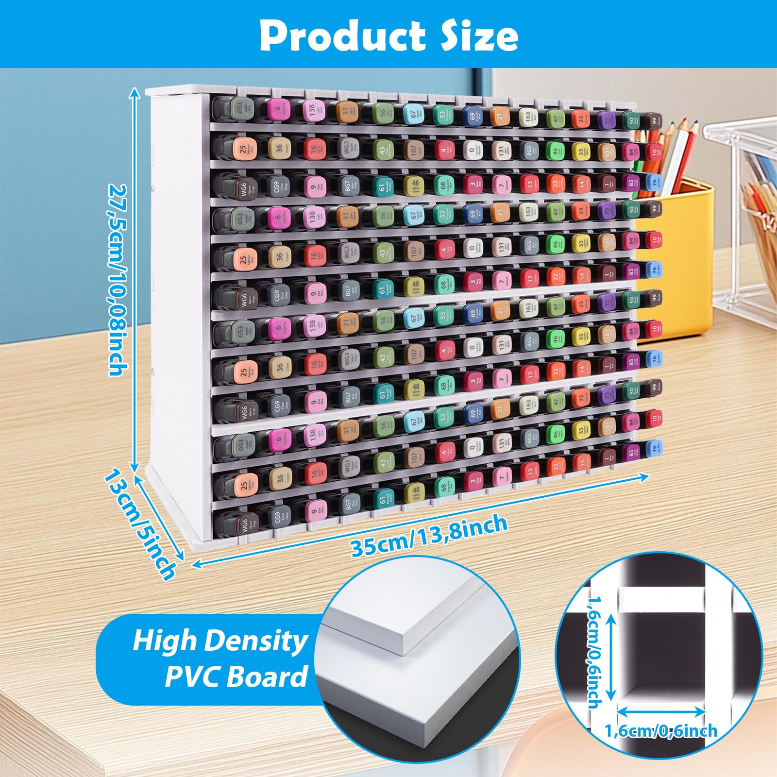 AKOLAFE Support de Rangement pour 180 Marqueurs Rangement Feutre Alcool 35x27,5 x13 CM Boite Rangement Feutre 180 Compartiments Rangement Crayon pour Crayons de Couleur, Feutres, Maison, Bureau, École