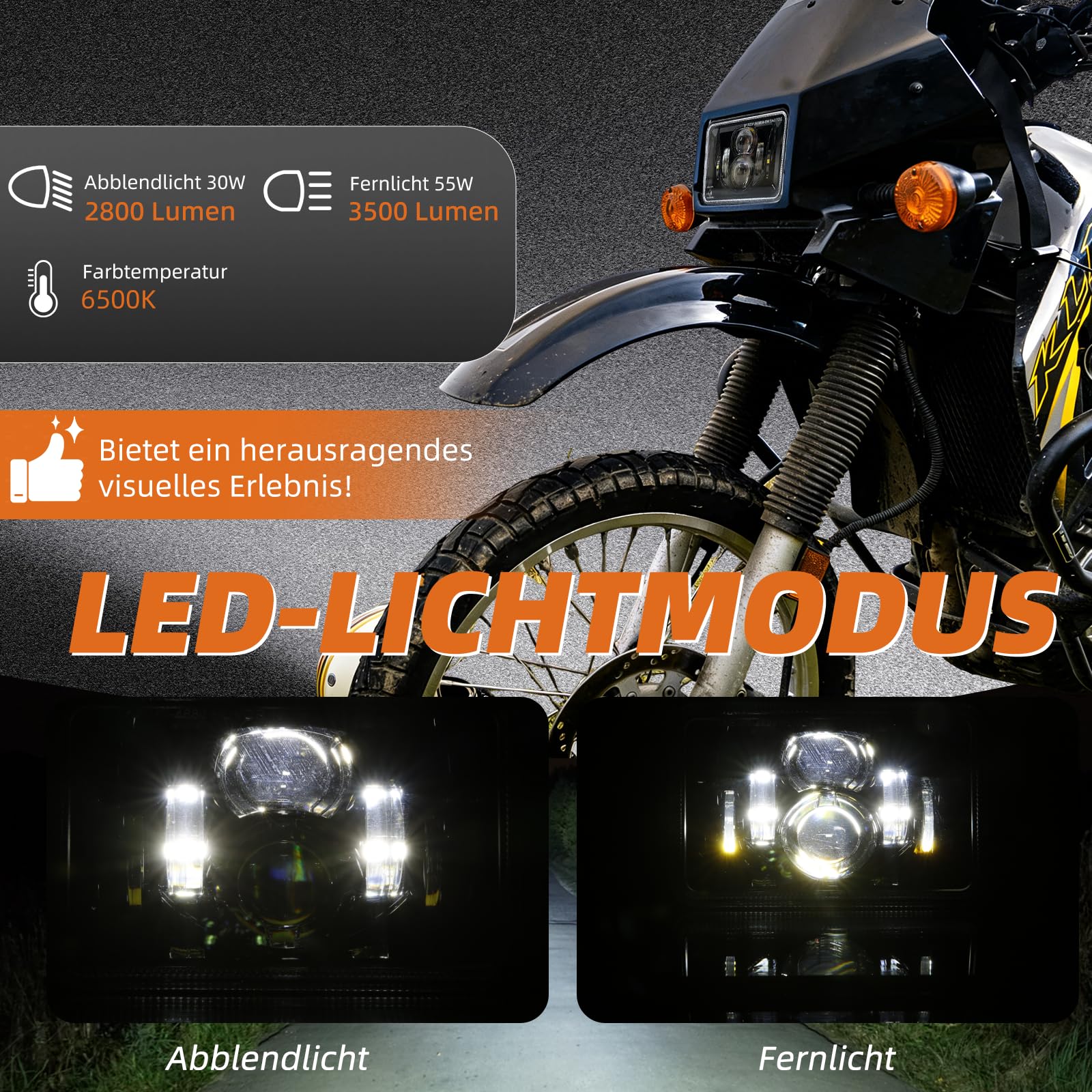 E-geprüfter 4x6 Zoll LED Motorrad Scheinwerfer 160x100 mm, Universal Umbauscheinwerfer, Fern- & Abblendlicht, 3-poliger Anschluss, IP67, passend für Kawasaki Suzuki Yamaha Honda