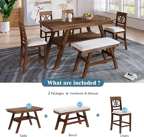 Miniatura 4 de SIYSNKSI Juego de mesa de comedor de madera de 6 piezas con estante de almacenamiento juego de mesa de cocina con banco tapizado y 4 sillas