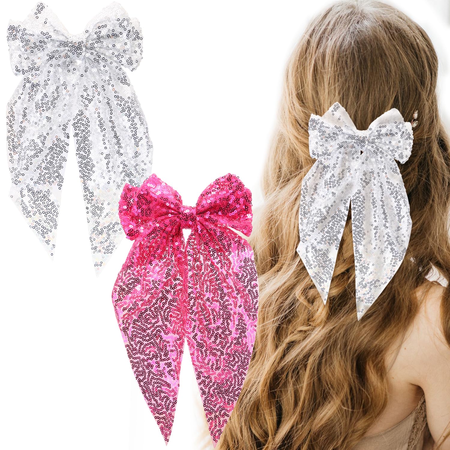 2pcs Sequin Bow Hair Bow Tie Big Glitter Bow Hair Clips,UHOMENY Bow knot Hair Styling Clips Hair Barrettes Wedding Hair Clips Double Bow Sparkly Large Ribbon Headdress Hair Accessories (Silver