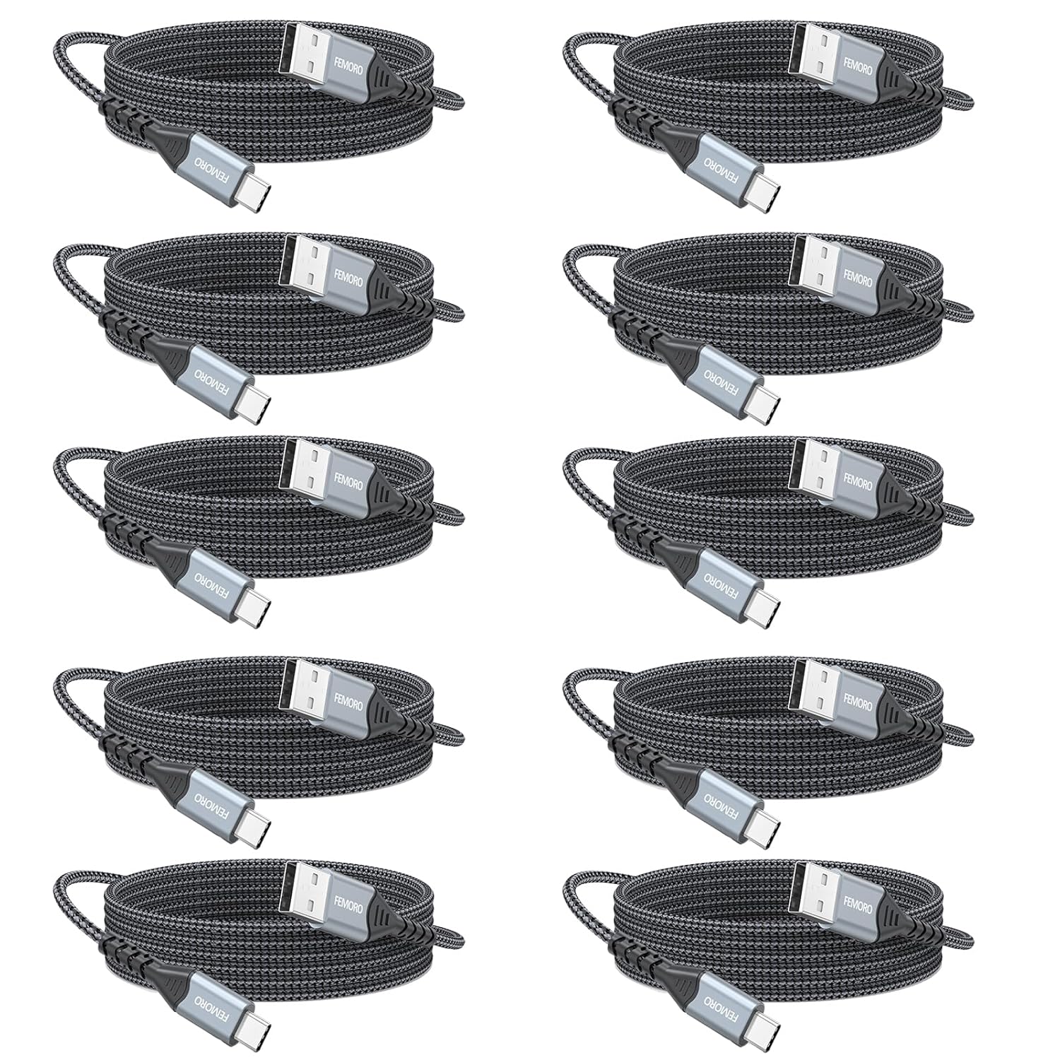 FEMORO USB C Cable 10 ft 10 Pack, 18W Fast Charging USB A to USB C Charger Cables, Long USB2.0 Type C Cord Data Sync Tranfer Braided for iPhone 17/6/15 Android Phone Galaxy S24/23/22