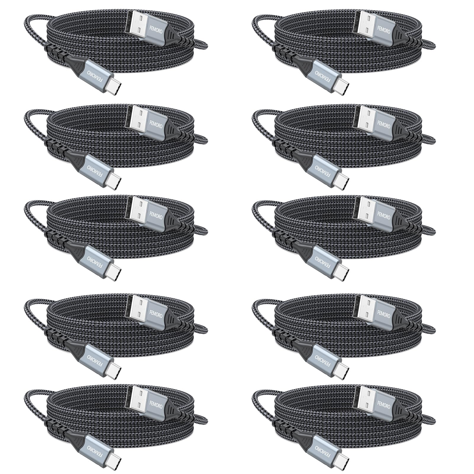 FEMORO Cavo USB C da 3 m, confezione da 10, 60 W, ricarica rapida da USB A a USB C, cavo extra lungo USB2.0 di tipo C per sincronizzazione dati intrecciato per iPad, iPhone15, telefoni Android, Galaxy