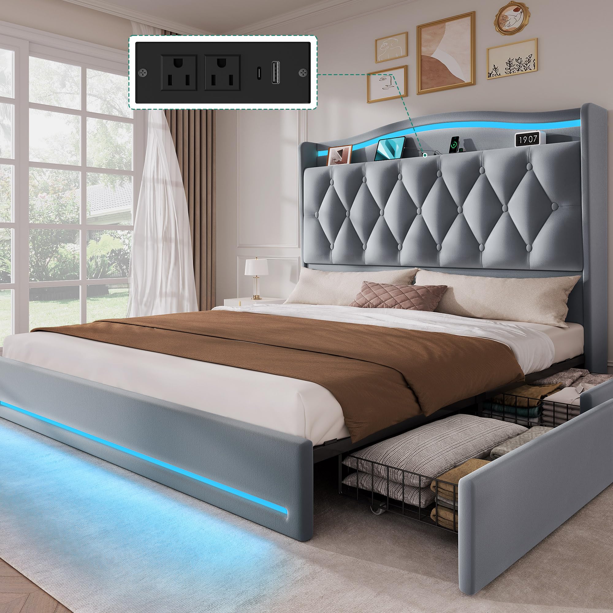 Photo 1 of *** partial set ONLY CONATAINS BOX 2/2***** YITAHOME Queen Size Bed Frame with 4 Storage Drawers and RGB LED Lights, 57'' Tall Headboard Velvet Upholstered Bed with Charging Station, No Box Spring Needed, Easy Assembly, Noise-Free, Grey