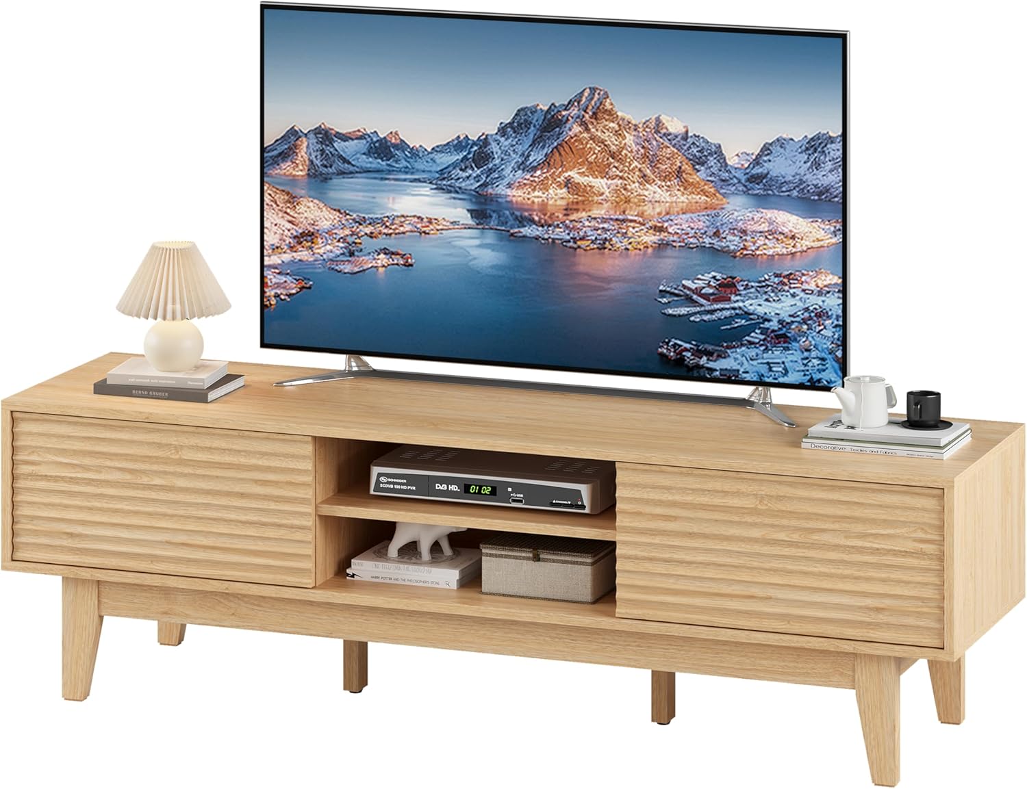 Fluted TV Stand for 55 65 Inch TV, Mid Century Modern Entertainment Center with Shelves, Cabinets & Sliding Doors, TV Media Console Table with Wood Feet & Cord Holes for Living Room, Bedroom, Natural