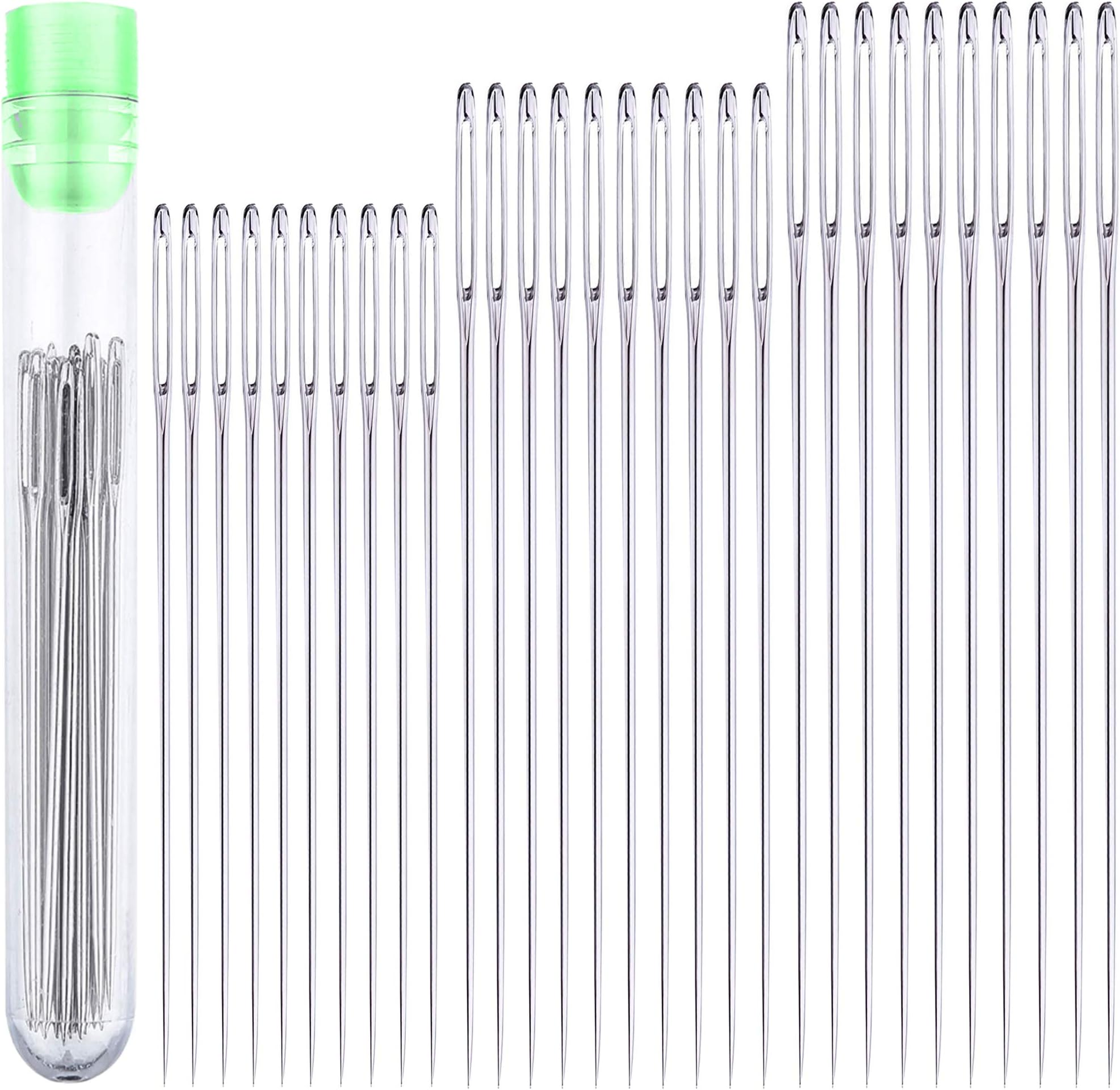 30 Large Eye Stitching Needles - 3 Sizes - Big Eye Hand Sewing Needles in Clear Storage Tube
