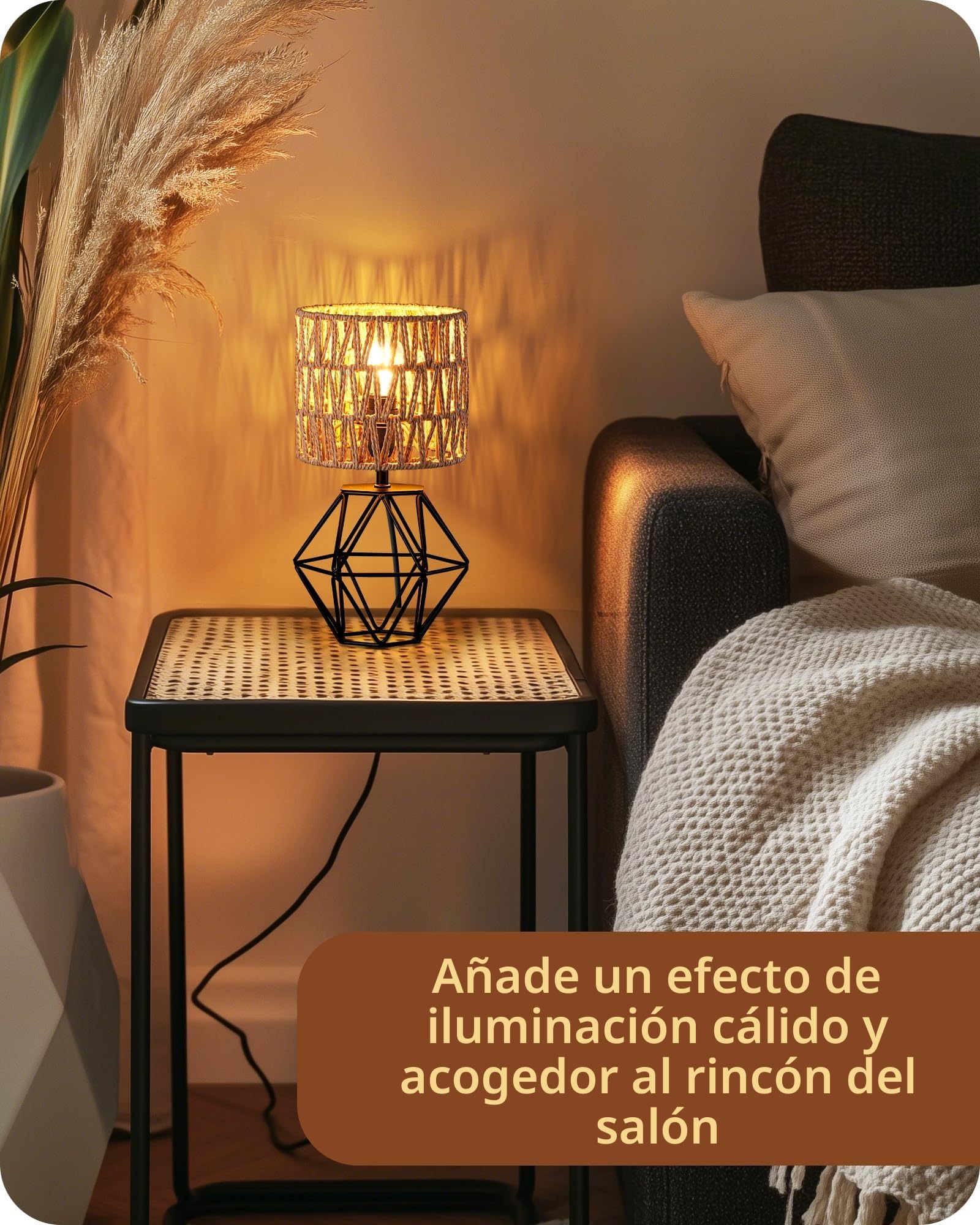 EDISHINE Lámpara Mesita Boho, Pantalla Cuerda Papel, Base Metal, Negro | Pantalla Cuerda Papel Tejida, Aspecto Rejilla Metal, Casquillo E14, Blanco Cálido 2700 K, para Dormitorio, Salón