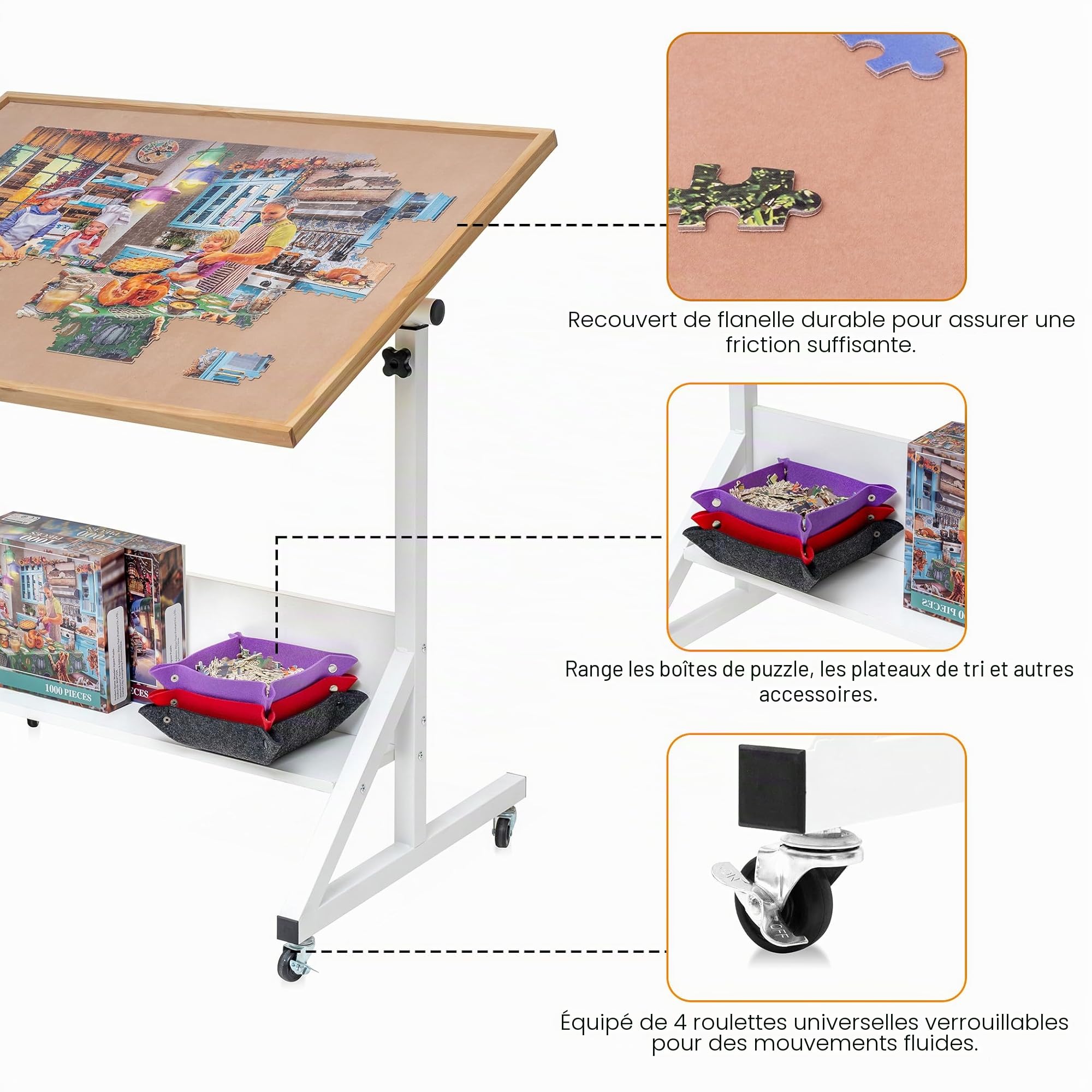 Tektalk Table de Puzzle avec Couverture - Chevalet inclinable avec Hauteur réglable - avec 4 Roues - Jusqu'à 1500 pièces