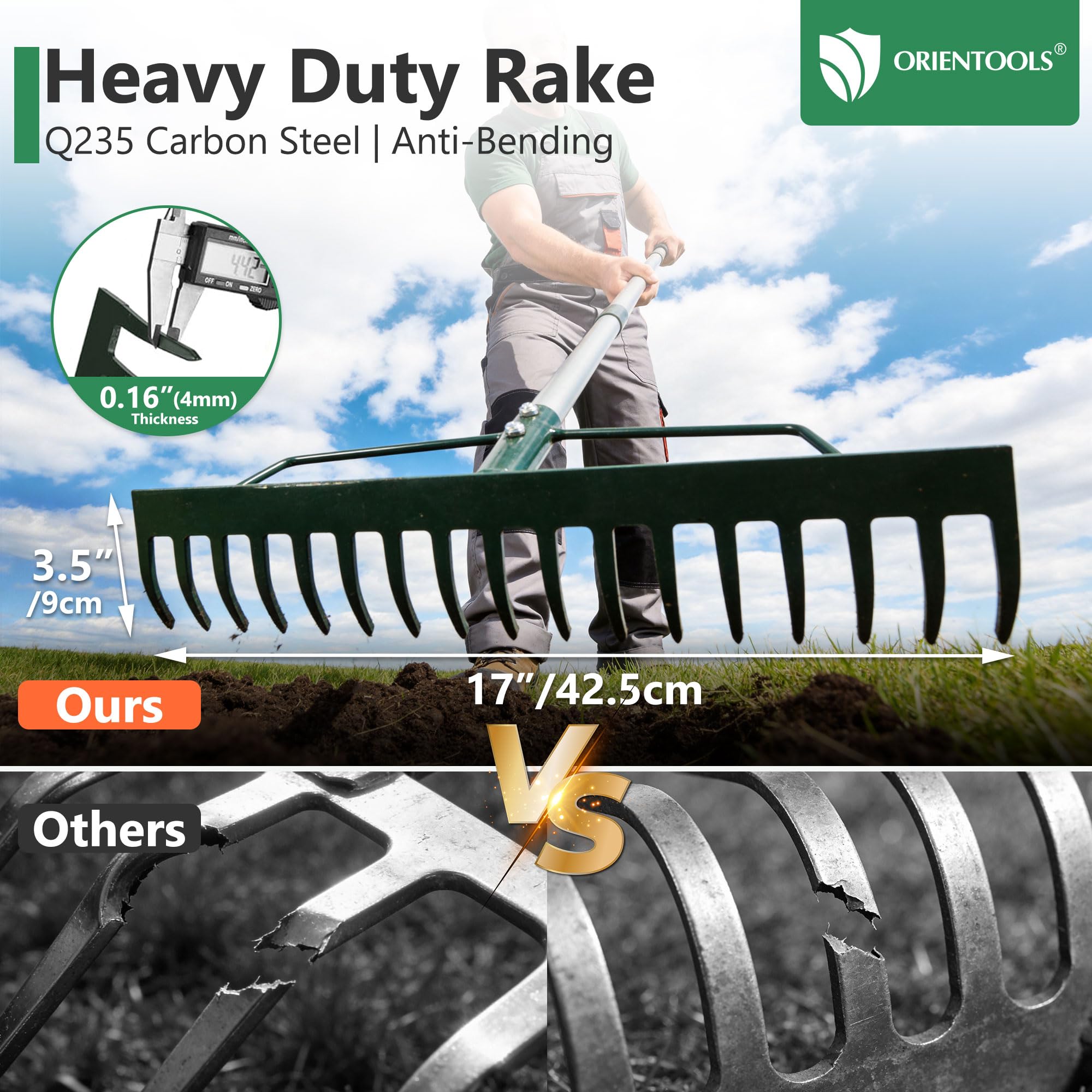 ORIENTOOLS Wytrzymała grabia ogrodowa, szerokość 44 cm, długi uchwyt 160 cm, 1,7 kg do spulchniania gleby, grabienia liści, sadzenia darni, pielęgnacji trawnika