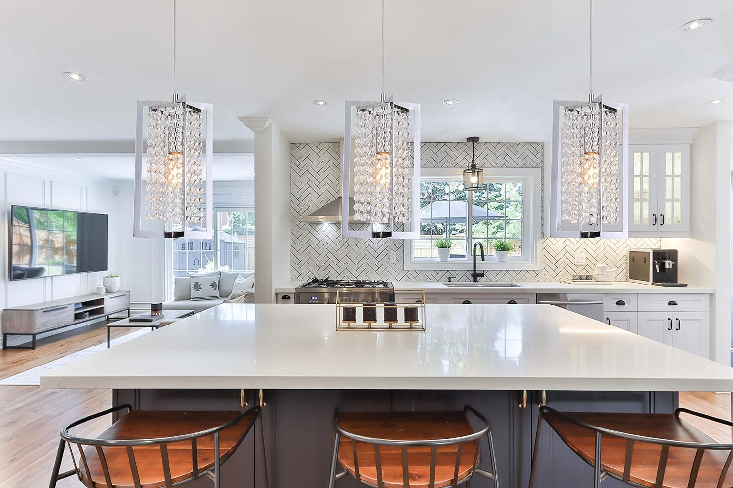 Bеѕt Sеllеr PAPAYA Chrome Square Iron Mini Modern Crystal Pendant Light Fixtures 1-Light Chandelier for Kitchen Island