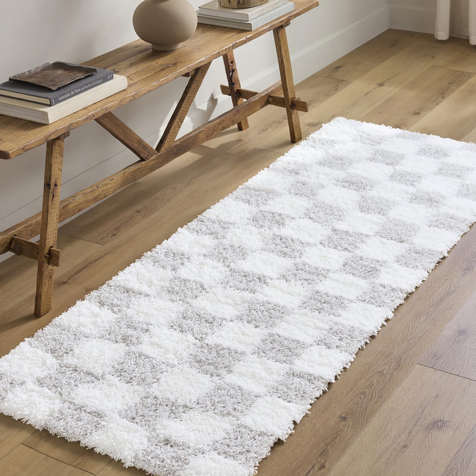 Rackhams Ivory/Grey Urban Shag-Modern Checkered Soft Plush Pile Rug - 80 X 220 Cm