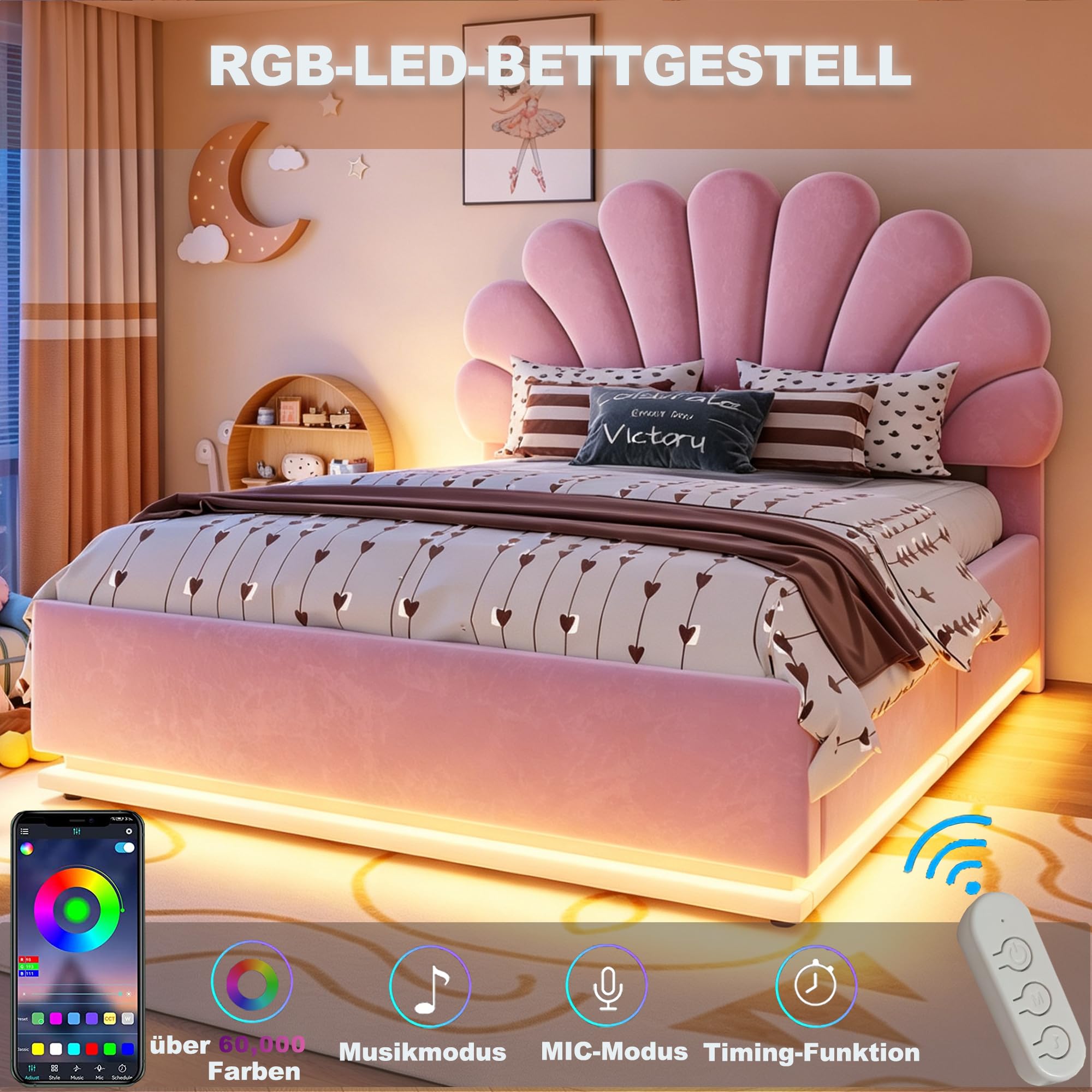 letto matrimoniale con contenitore idraulico,LED,140x200cm,rosa