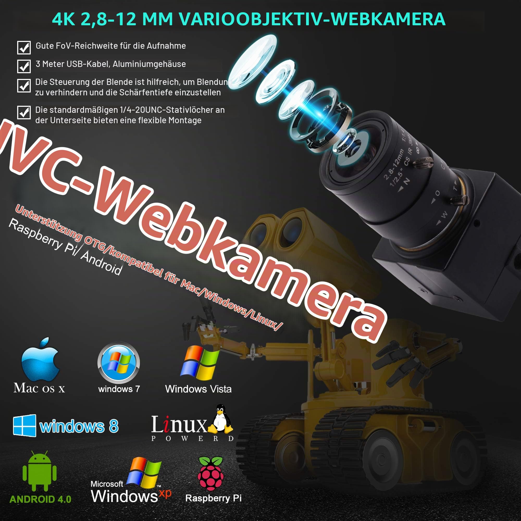 ELP 4K Webcam 30fps,Ultra HD USB Zoom Kamera mit 2.8-12mm Weitwinkel Objektiv,Mini Web Kamera für PC,Plug & Play 2160P Videokonferenz Webkamera für Windows/Linux USB4K03-SFV(2.8-12)
