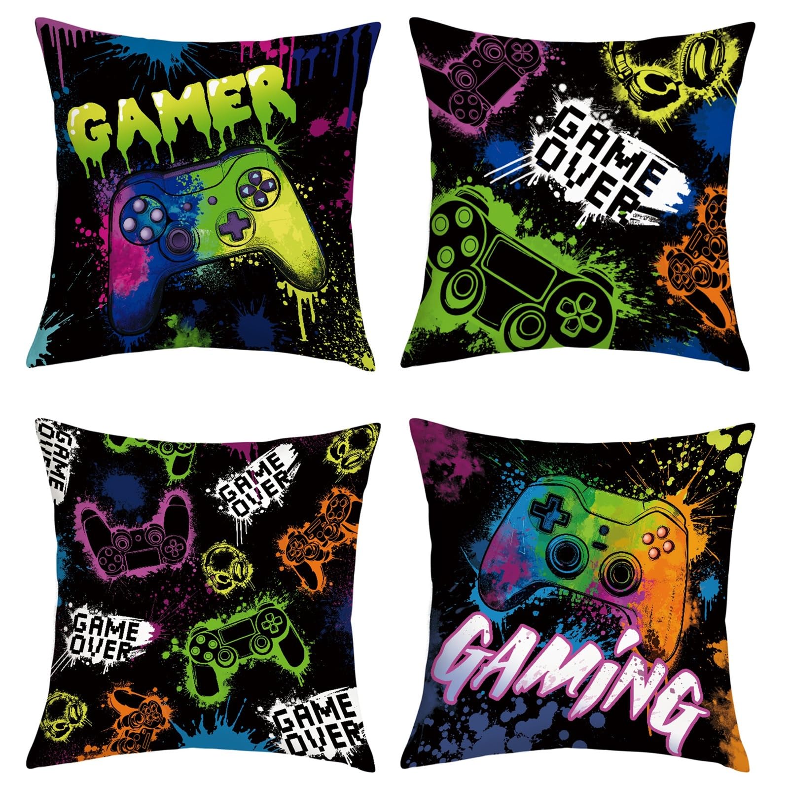 Joymaison Gaming Room Video Game Cushion Covers 40 x 40 Pack of 4 Colorful Controller Gaming Square Throw Pillow Case Gamer Teen Boy Bedroom Playroom Decorative Sofa Cushion with Invisible Zipper