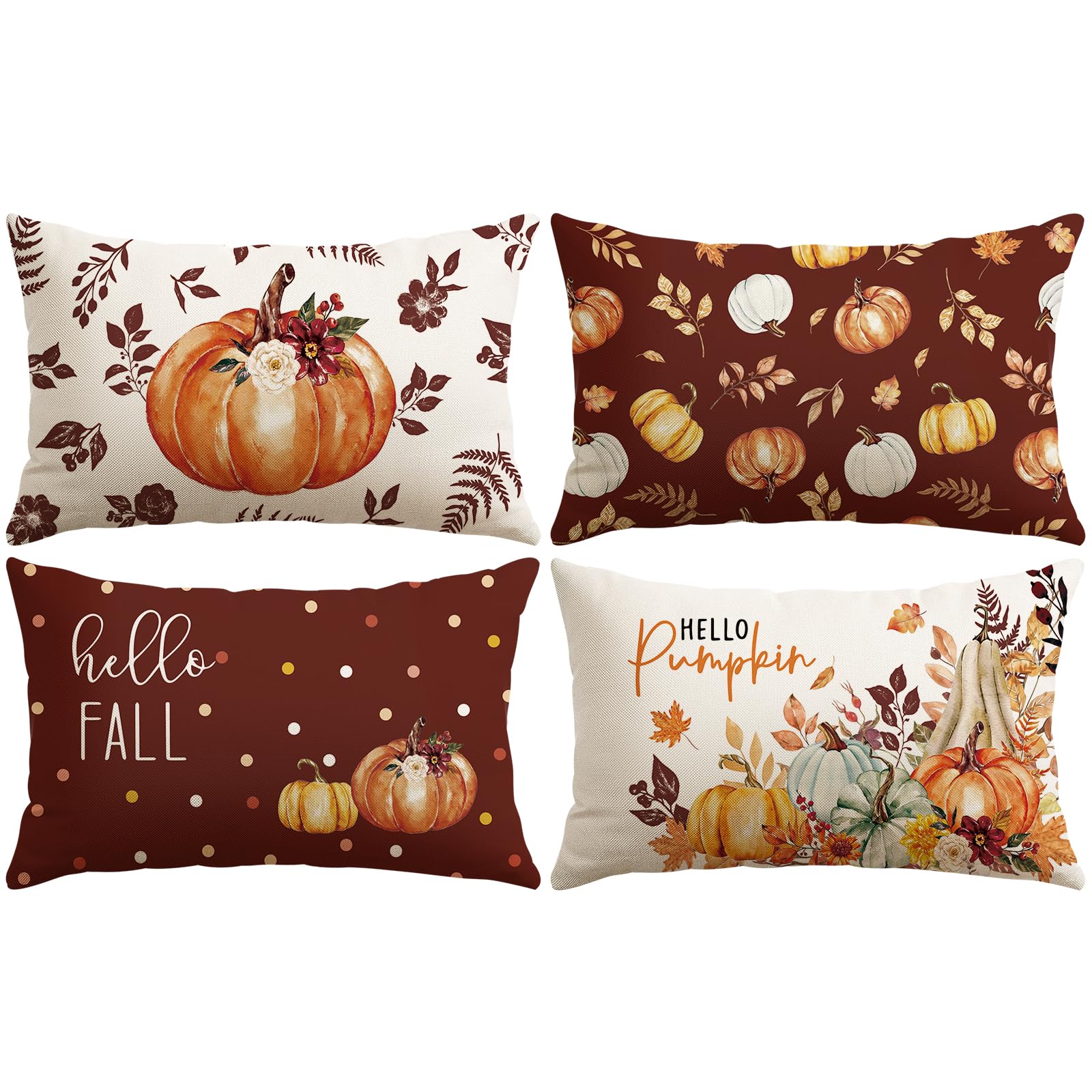 Artscope Fall Cushion Covers 30x50cm, Set of 4 Autumn Pillowcases Thanksgiving Pillow Covers for Sofa Living Room Holiday Party Fall Decor Pumpkin and Leaf
