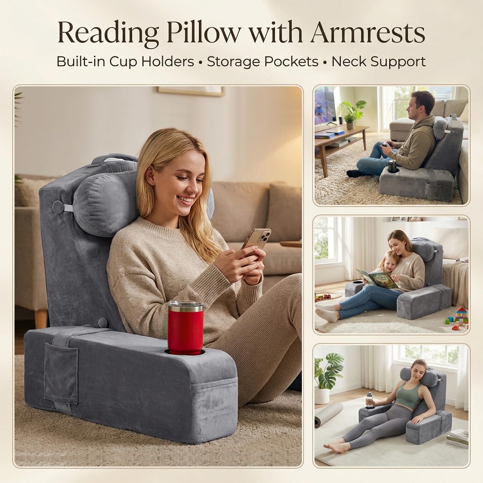 Lesekissen für Erwachsene - Rückenkissen fürs Bett mit abnehmbaren Armlehnen, Getränkehalter & Handyablage - Kissenrückenlehne für bequemes Sitzen im Bett (GRAU, 53 cm)